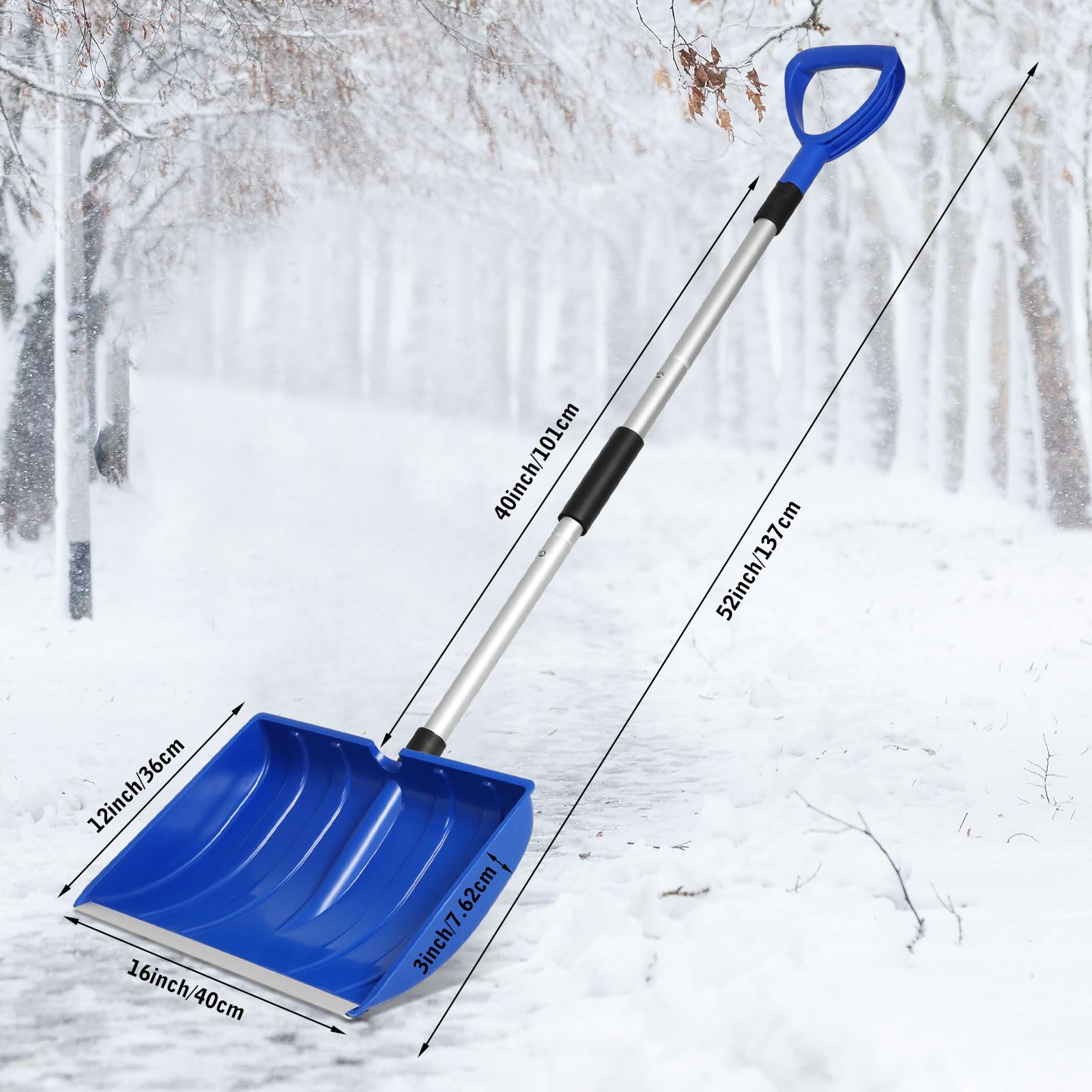 2 pezzi pala da neve per vialetto 52 pollici grande pala pieghevole leggera pala in metallo portatile resistente con impugnatura a D in alluminio per casa garage auto rimozione neve ghiaccio (blu)