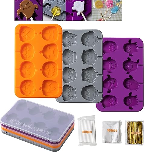 Bhtqdnq Juego de moldes para dulces de Halloween, paquete de 3 moldes de silicona de calabaza, búho fantasma, moldes de silicona para Halloween,
