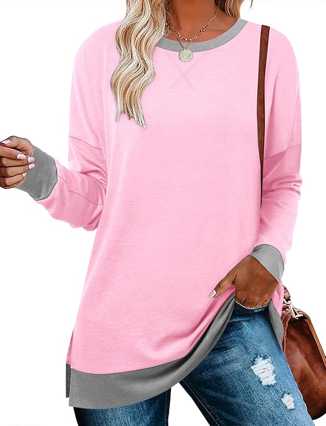 BETTE BOUTIK Women's Drop Long Sleeve Sweatshirts Casual Crewneck Tunic Tops Sweartshirts With Side Slits S-3XL