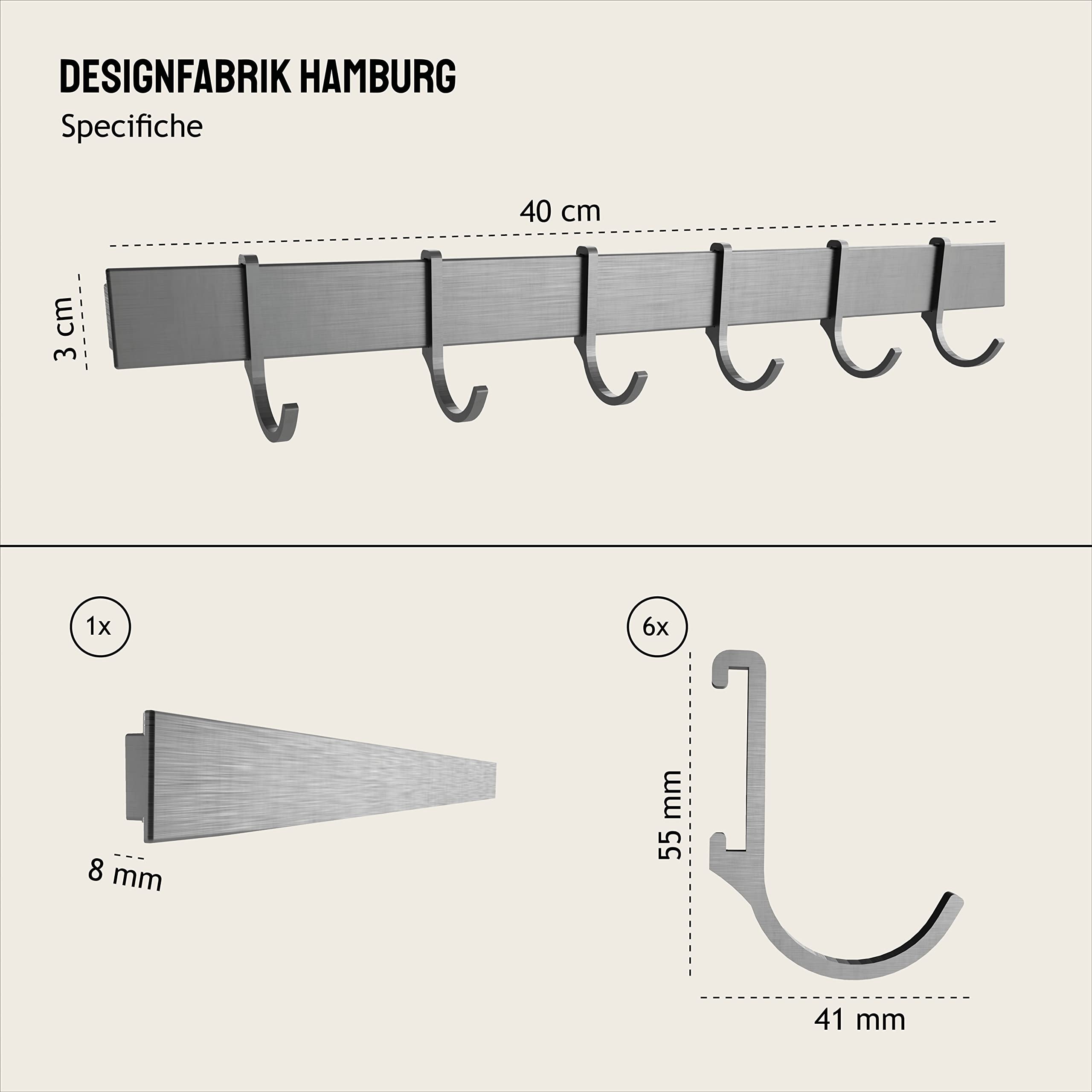 Design Amburgo Porta mestoli da cucina adesivo | Porta utensili da cucina senza forare | Barra portautensili cucina | 6 Ganci semoventi | Portamestoli cucina design moderno grigio argento 40 cm