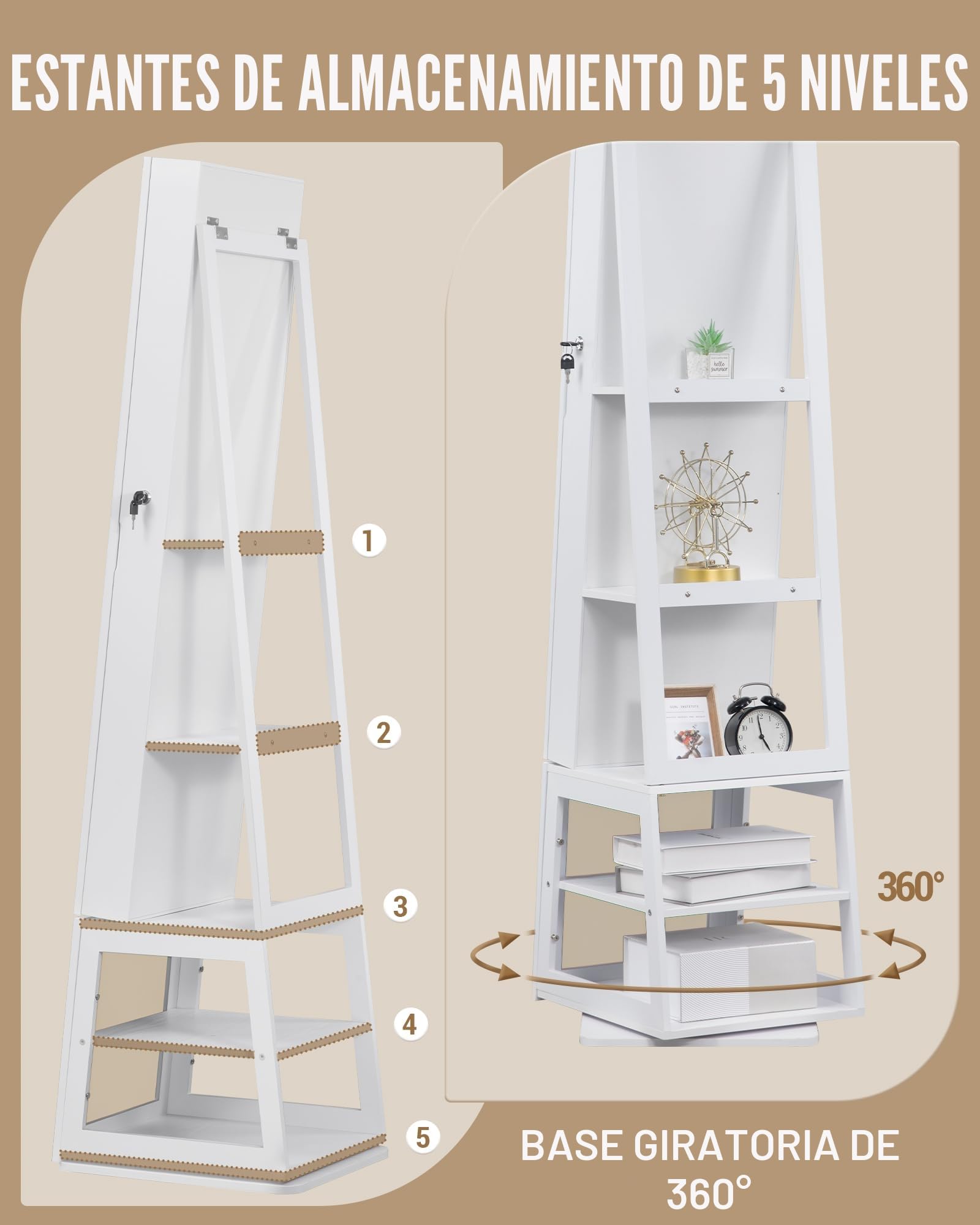 Espejo Joyero con 8 LEDs y Giro 360°, Armario de Almacenaje Blanco Beige