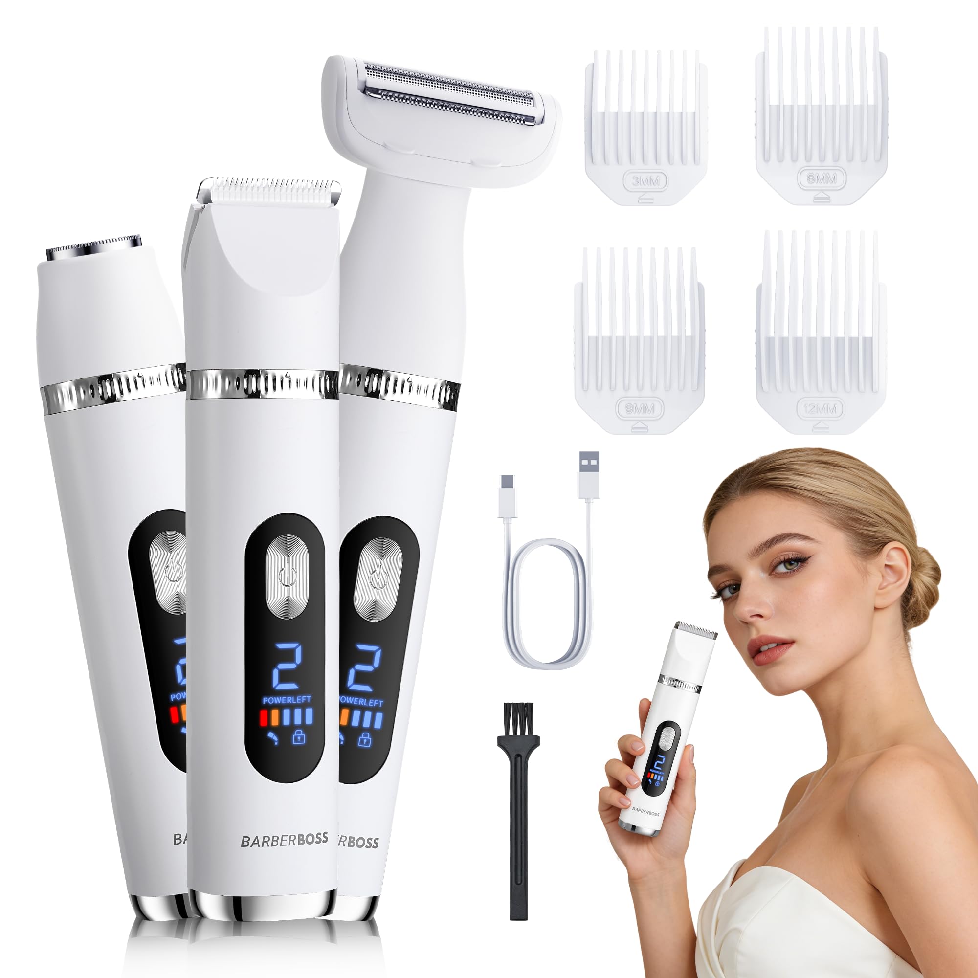 BarberBoss SmoothCare - Rasoio elettrico 3 in 1 per donne, corpo, bikini e viso, con display a LED, controllo a doppia velocità, rasoio portatile da donna, 4 pettini guida (Bianco, Argento)