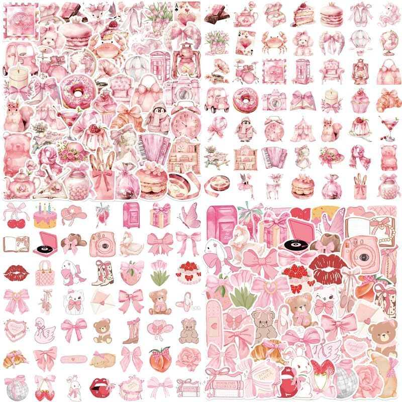 Vmoomax Lot de 100 autocollants esthétiques roses, autocollants décoratifs en vinyle imperméable, livre stickers pour liseuse, bouteille, téléphone, DIY...