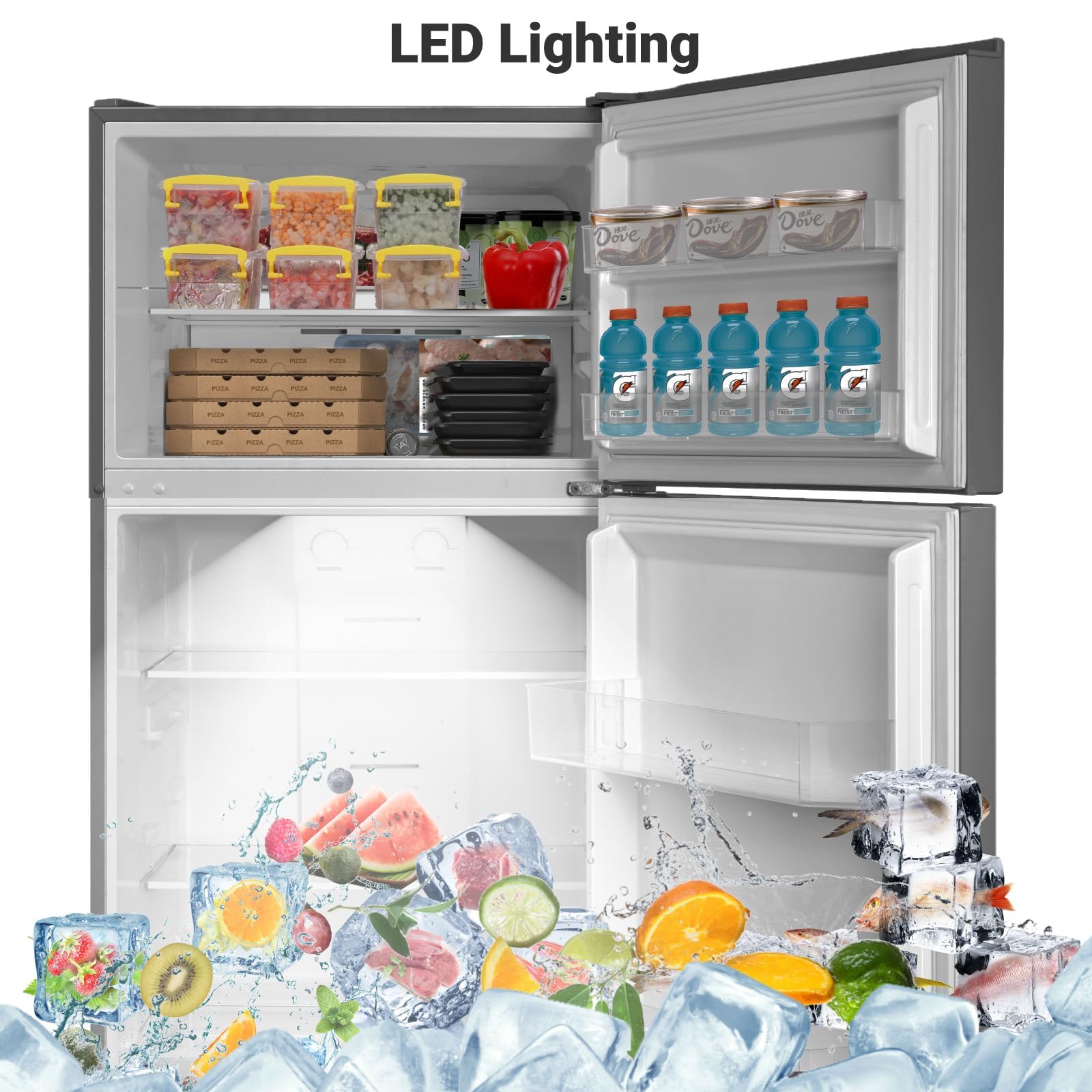 Techomey 13.9 Cu.Ft Top Freezer Refrigerator, Full Size Garage Ready Frost Free Fridge Freezer, 28" Standard Depth, Gallon Door Bins, LED Lighting, Stainless Steel on Fridge.com