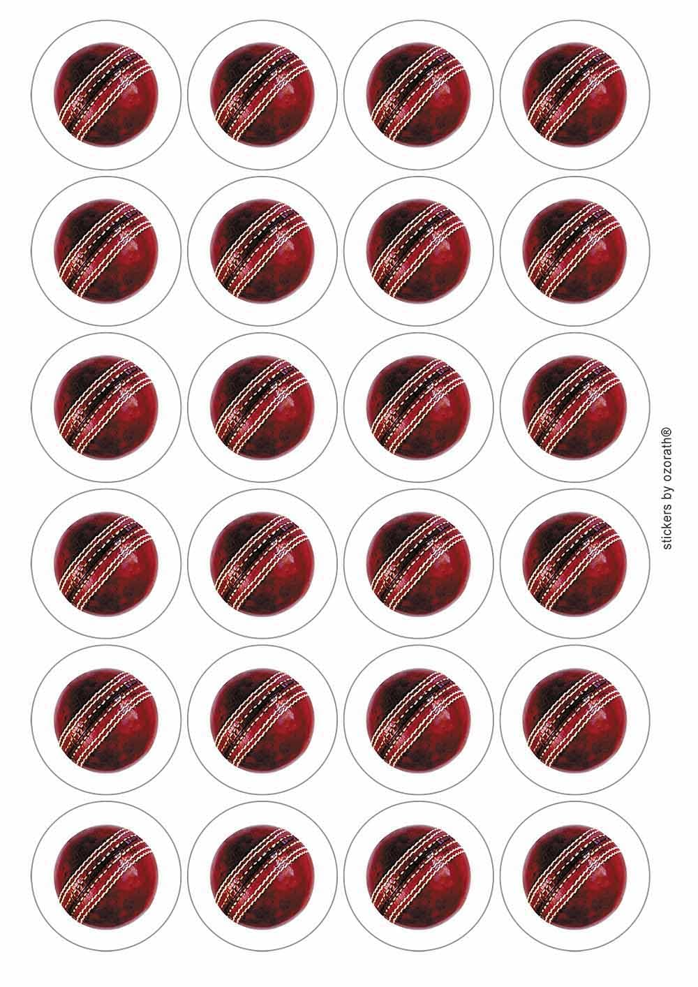 Cricket Ball Circular Matt Paper Stickers A4 Sheet of 24 (Each Sticker is 45mm Diameter)