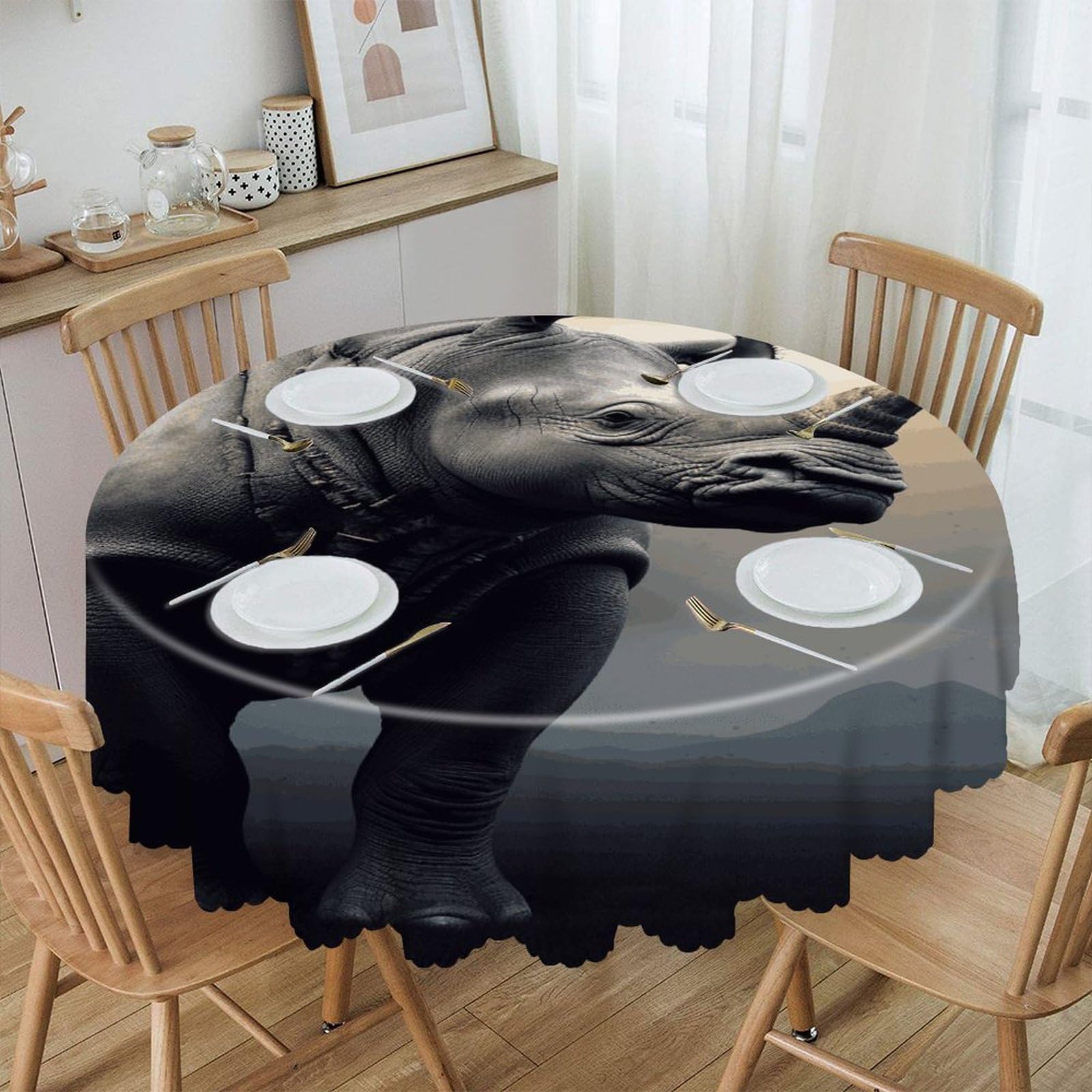MUSM Rhino Table Cloths Round Wrinkle Resistant Tablecloths Washable Polyester Table Cover Waterproof Decorative Washable Rustic Circle Tablecover for Kitchen Dining