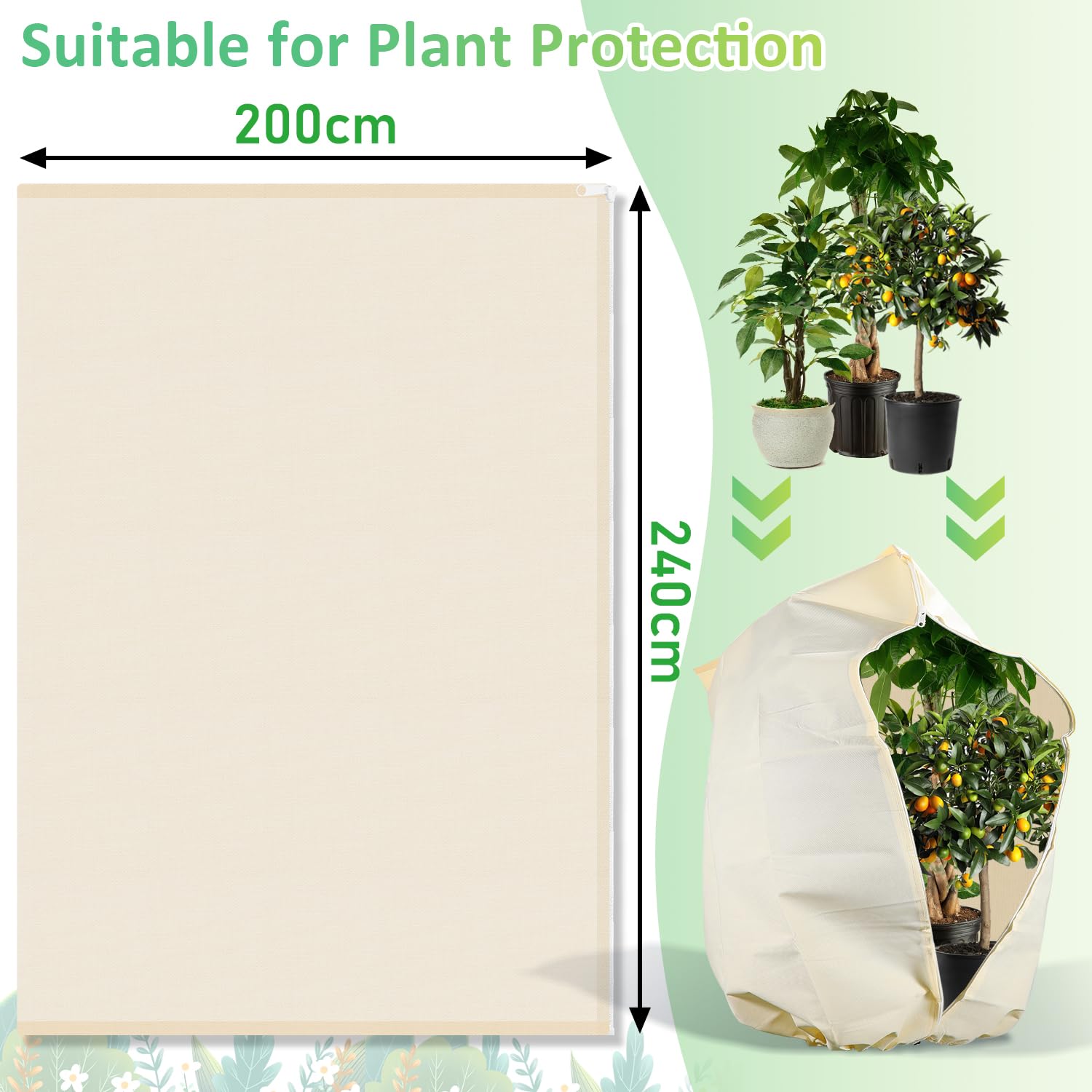 Sonnewelt 3 pièces 200 x 240 cm Protection hivernale pour plantes, avec fermeture éclair et cordon de serrage, protection contre le gel pour plantes en pot, hivernage et arbre fruitier, résistant à la
