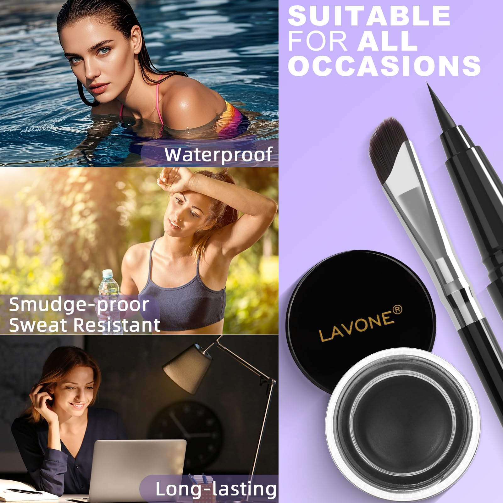 Juego de delineador de ojos, kit de maquillaje impermeable con lápiz delineador líquido, delineador de ojos de gel y pincel delineador de ojos en ángulo, impermeable, resistente a las manchas 6