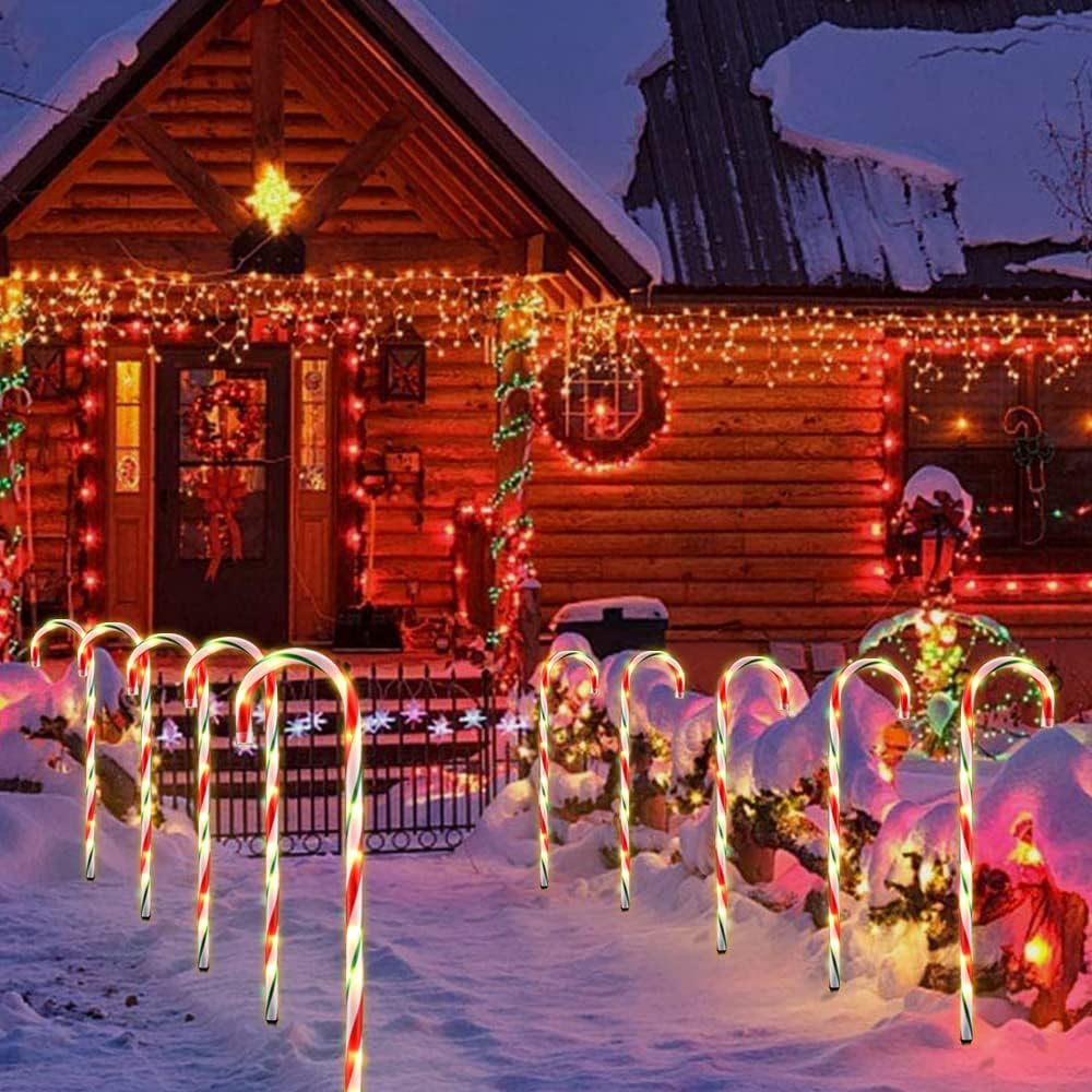 J-HVA 26" Christmas Decorations Outside Candy Cane Lights, Set of 10 Pack Landscape Path Lights for Yard Patio Garden Walkway Festival Holiday, Red & Green