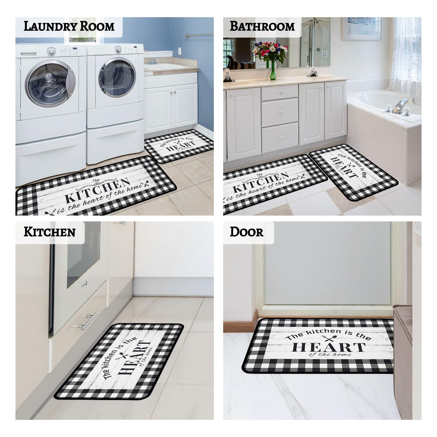 Black and White Buffalo Plaid Kitchen Rugs and Mats Set of 2, Farmhouse Kitchen Decor and Accessories Decoration, Check Kitchen Rug Non-skid Washable Kitchen Mats for Floor, 17
