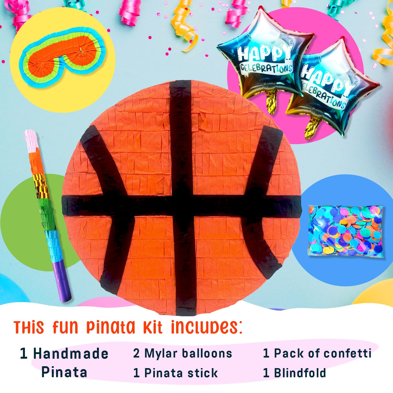 Basket Ball Pinatas for Sports Theme Parties, Perfect Birthday Decorations, Centerpiece, Pinatas for Boys and Party Props includes with Buster Stick, Blindfold, Confetti, and 2 Balloons
