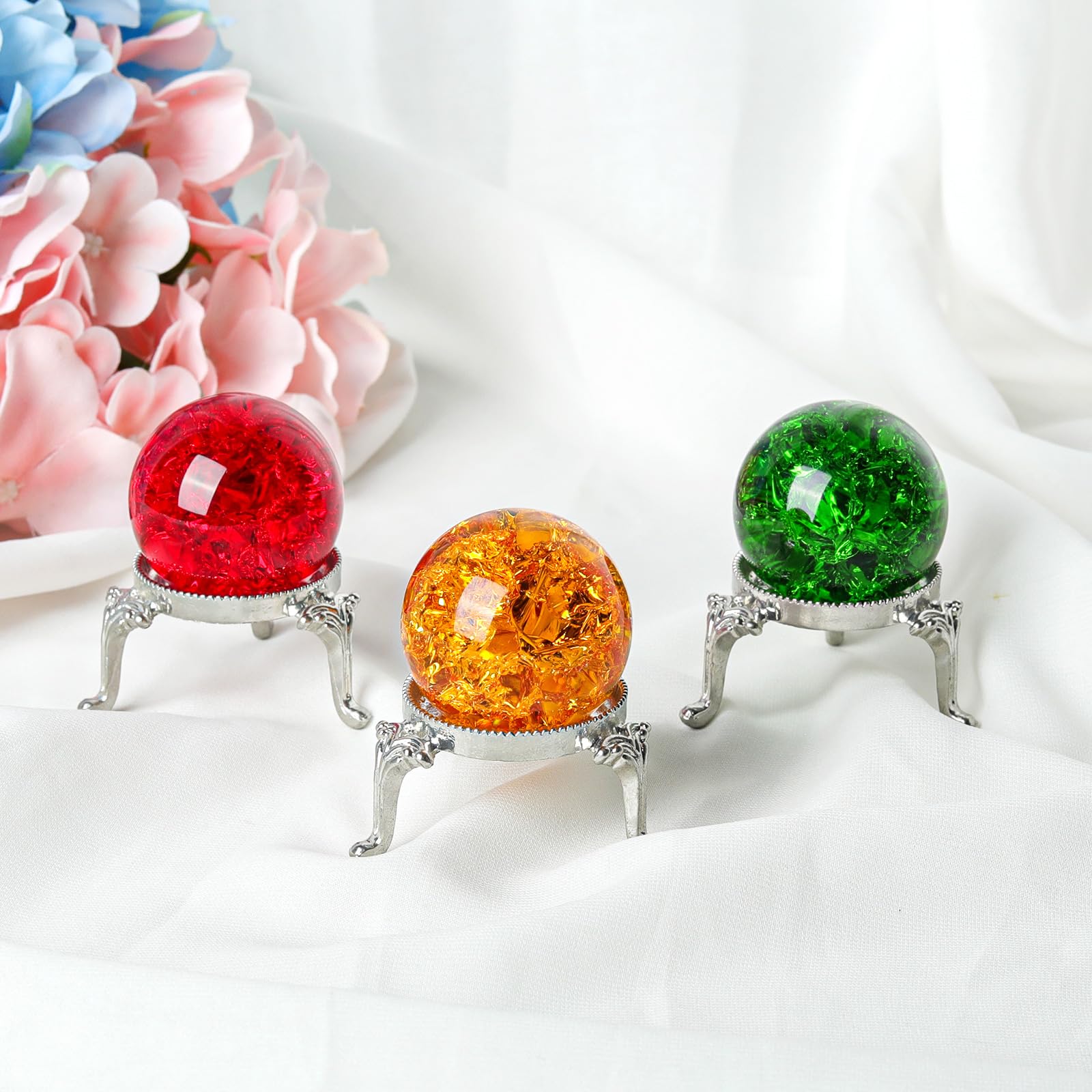 LONGWIN 3pcs 40mm Ice Cracked Crystal Ball Decorative Glass Ball with Metal Stand Home Decor Ornaments