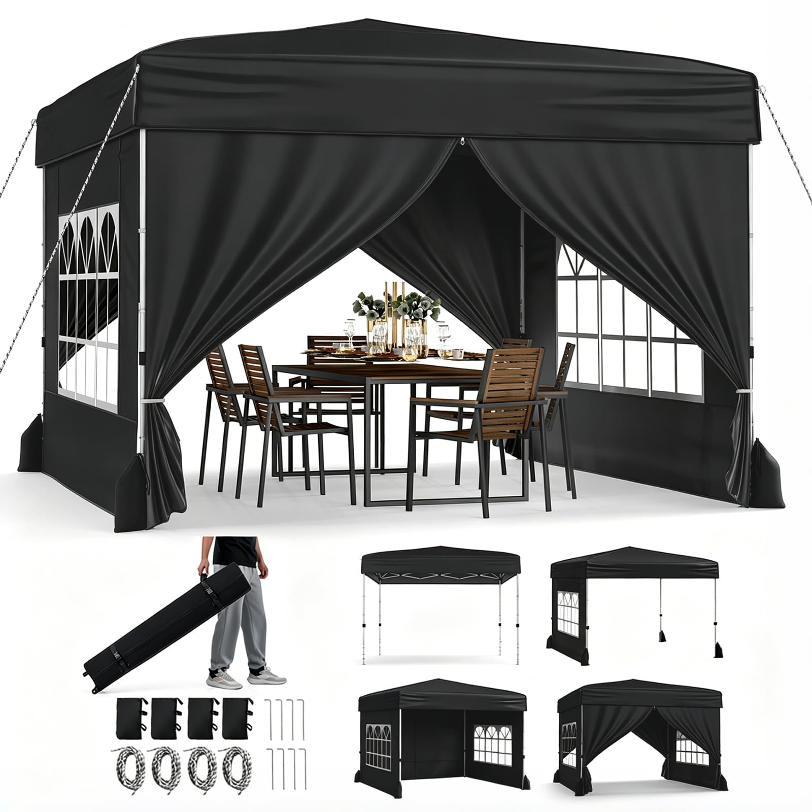 RELAX4LIFE Tonnelle Pliante 3x3 avec Parois, Barnum Pliant 3x3 pour Jardin/Marché/Camping, Cadre en Acier au Carbone, Tissu Oxford Argenté, Gazebo Tente de Réception avec Sac à roulettes (Noir)