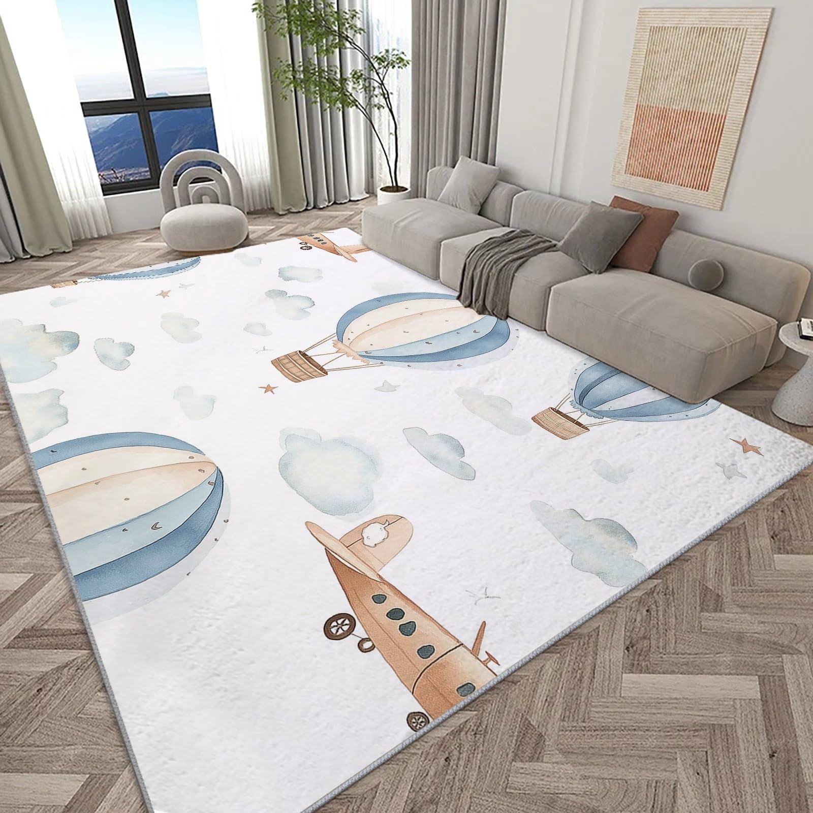 Generico Tappeto Salotto 120x180cm Aeroplano Dell'Acquerello Mongolfiera Tappeto pelo corto Camera da letto Cucina Soggiorno cameretta sala camera Tappeti moderni lavabile antiscivolo