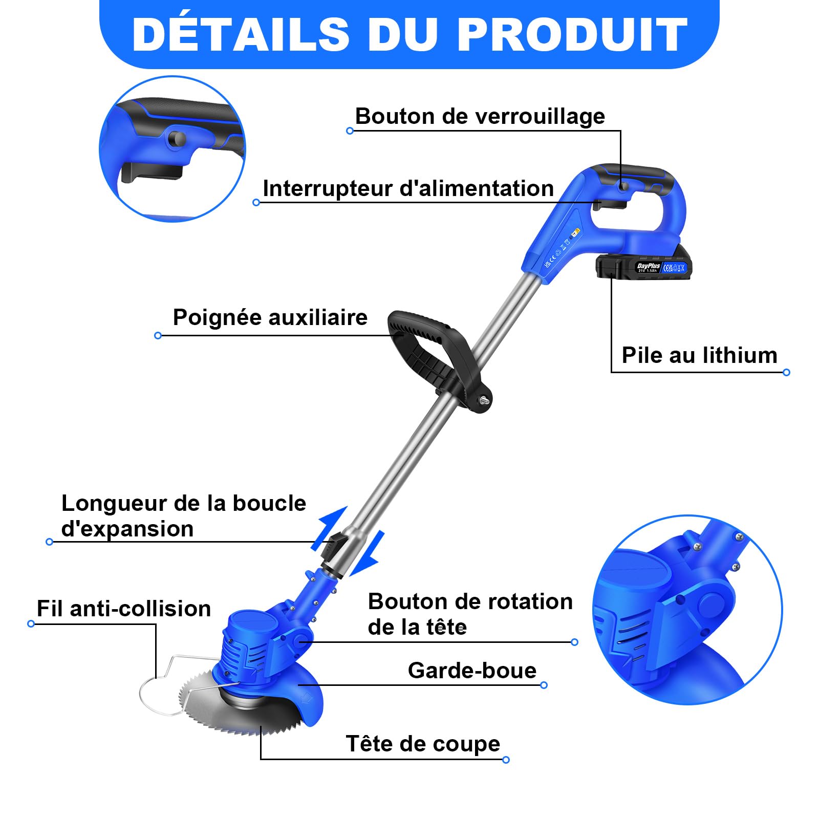 Débroussailleuse sans Fil pour Le Jardin - Débroussailleuse électrique avec 10 Lames en métal, 2 Batteries 21V 1500mAh et Chargeur Rapide pour la pelouse et Le Jardin Bleu (2 Piles)