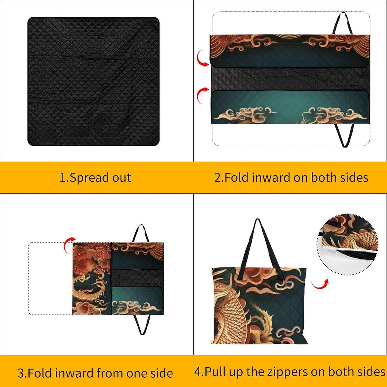 Dragon Chinese Background Picnic Blanket with Zipper Water Resistant Sand Free Picnic Mat Washable Foldable Easy Carry Beach Blanket for Lawn Beach Hiking Camping