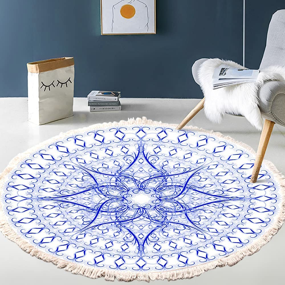 Vintage Boho Cotton Rugs, Mandala Pattern, Washable Hand Woven Bohemian Round Rug with Tassels for Bedroom Hallway