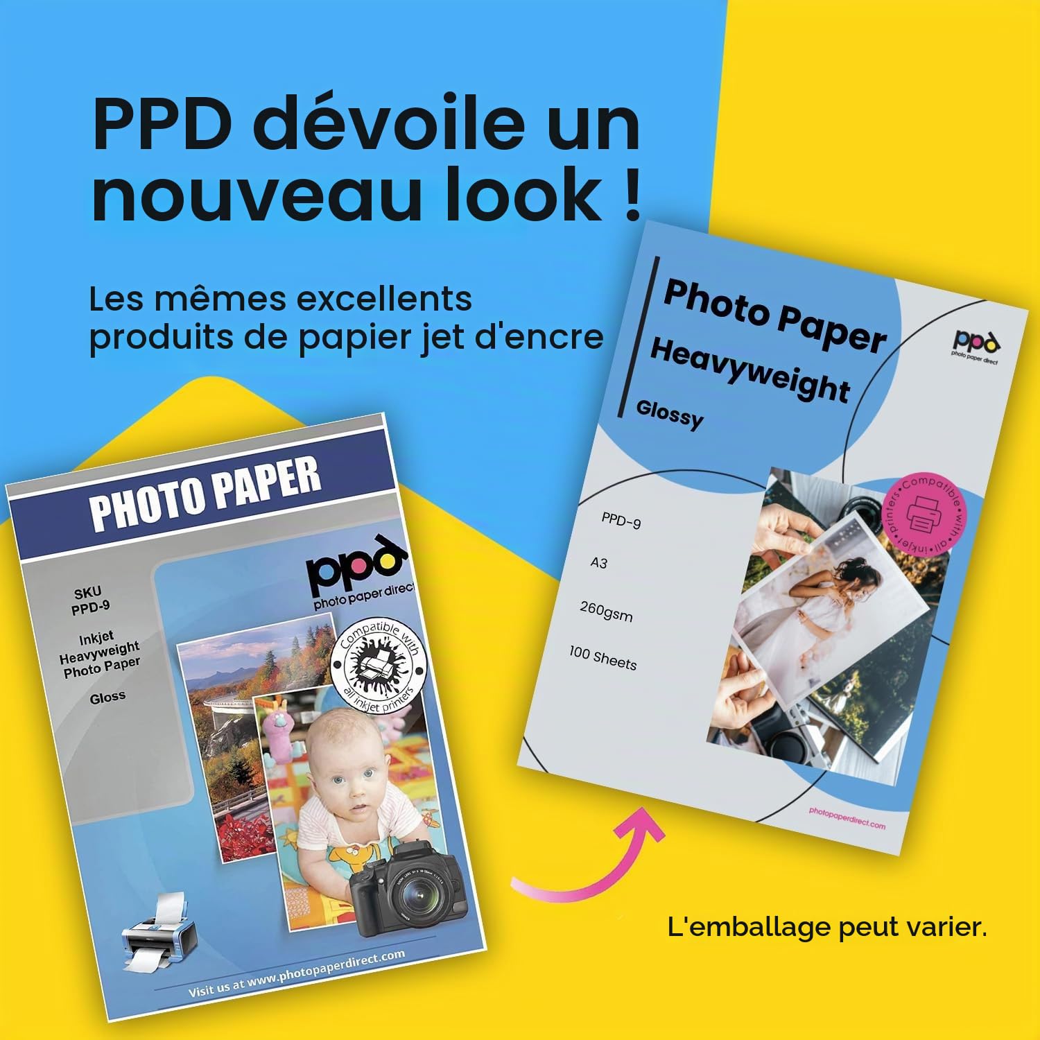 PPD 100 Feuilles x A3 Papier Photo Brillant Premium, Fort Grammage 260g, Impression Jet d'Encre, Haute Brillance, Séchage Instantané PPD-9-100
