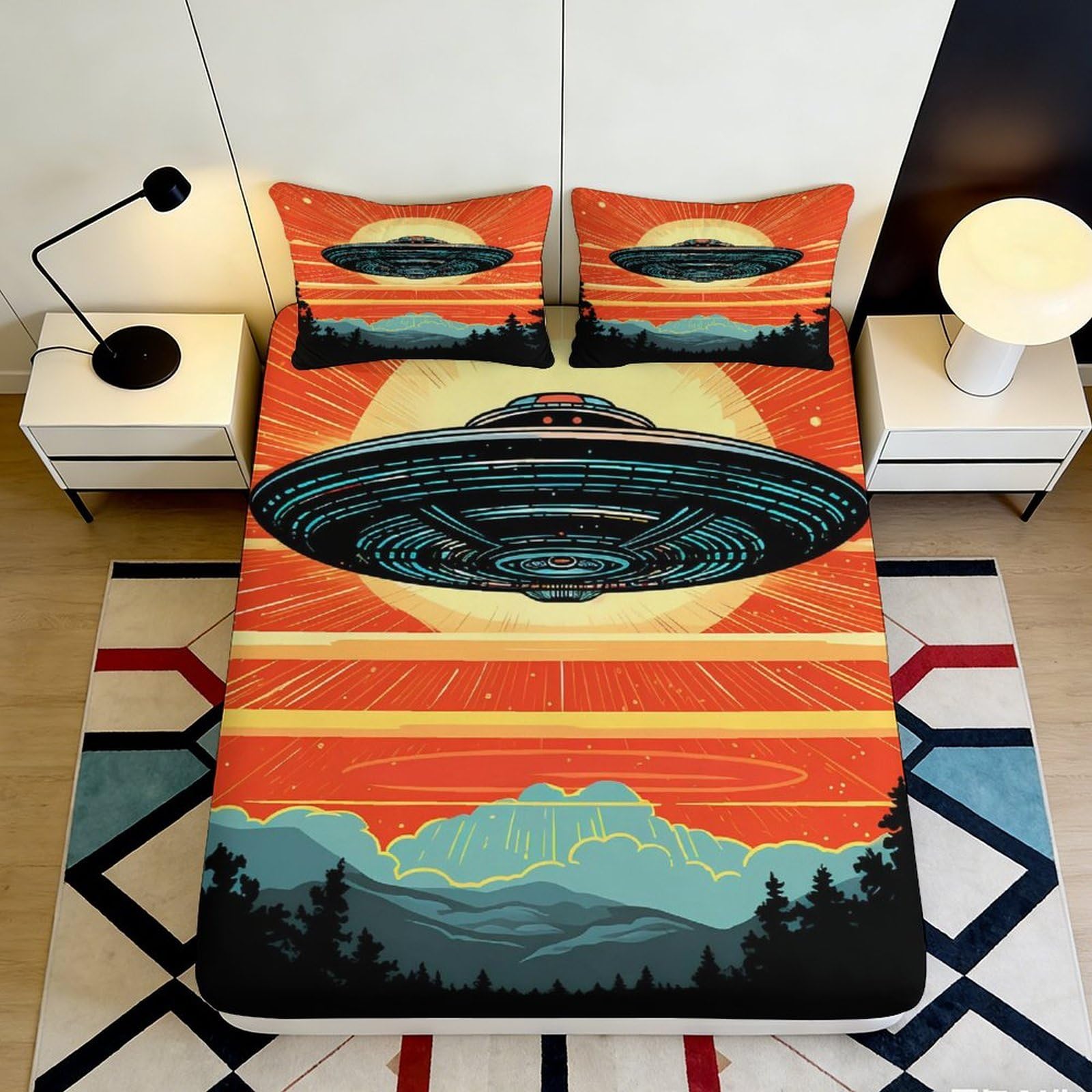 3D Printed UFO Spaceship Fitted Sheet Microfiber Orange Sunset Landscape Mattress Cover for Bedroom Dorm Room Decor 90x200x25cm
