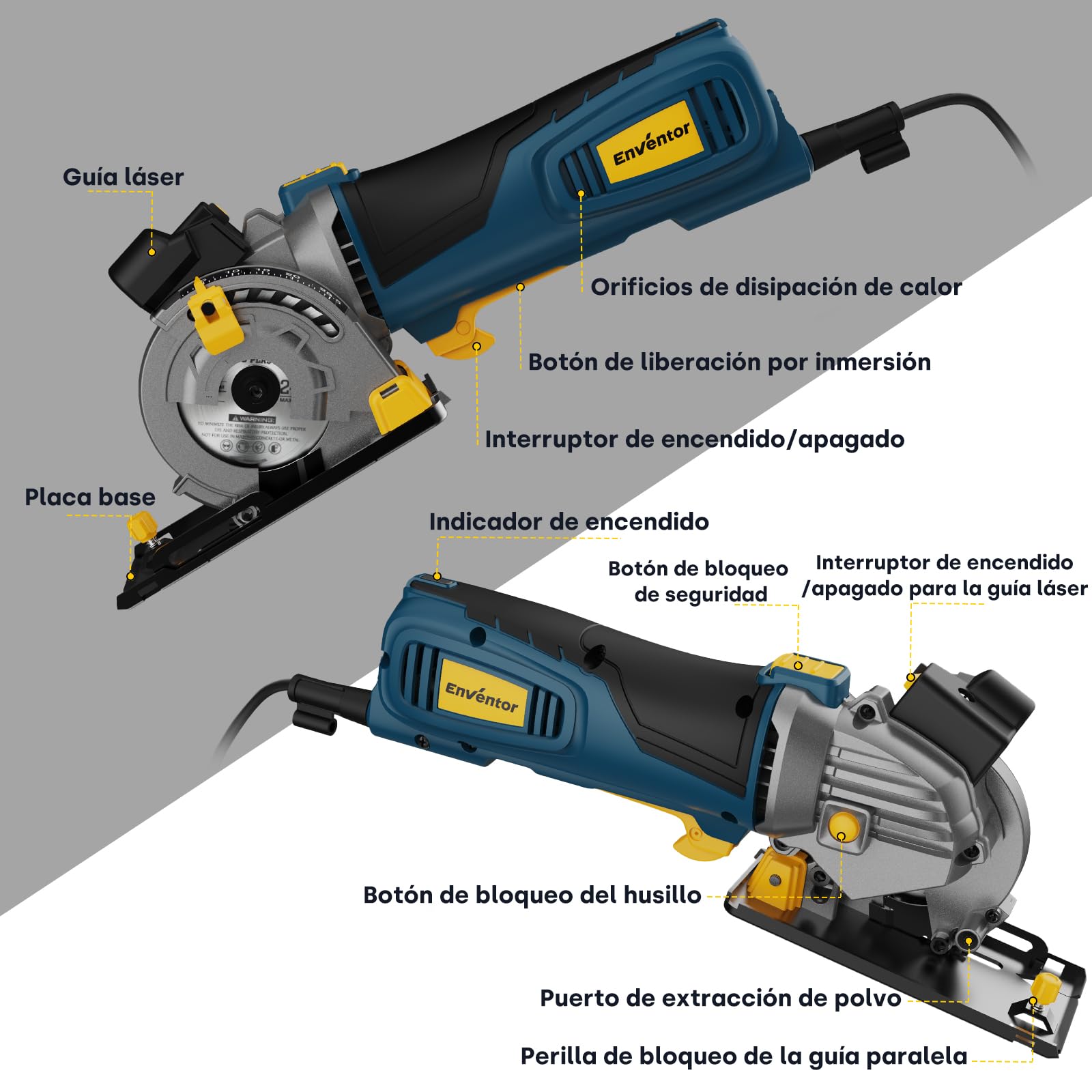 Enventor Mini Sierra Circular con Láser, 600W, 3 Hojas de Sierra(89mm) | 5500RPM, Manejo con una Sola Mano, para Madera, Azulejos, Plástico y Metal finos