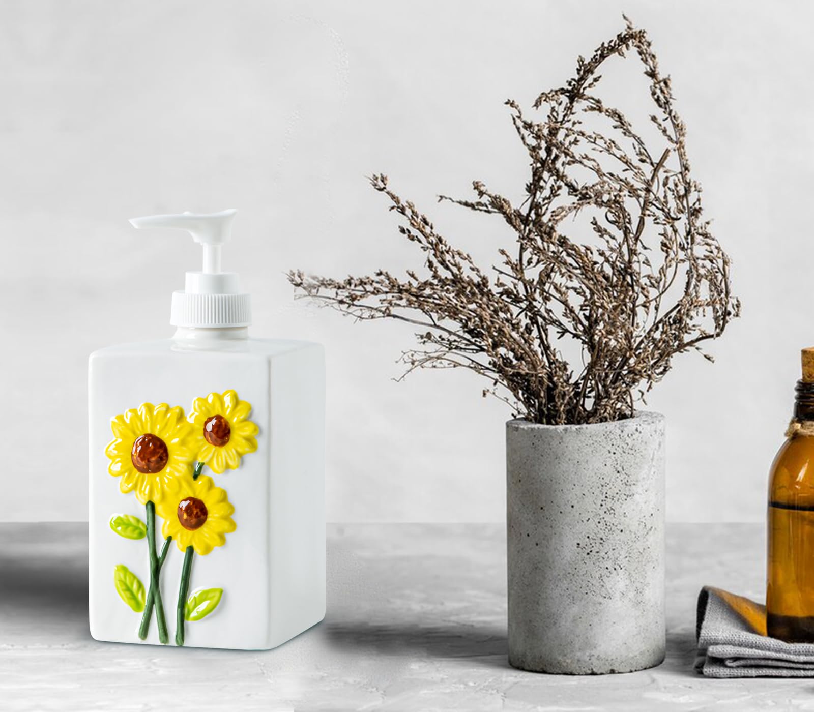 Sunflower Ceramic Hand Soap Dispenser - Liquid Soap Dispenser for Bathroom and Kitchen