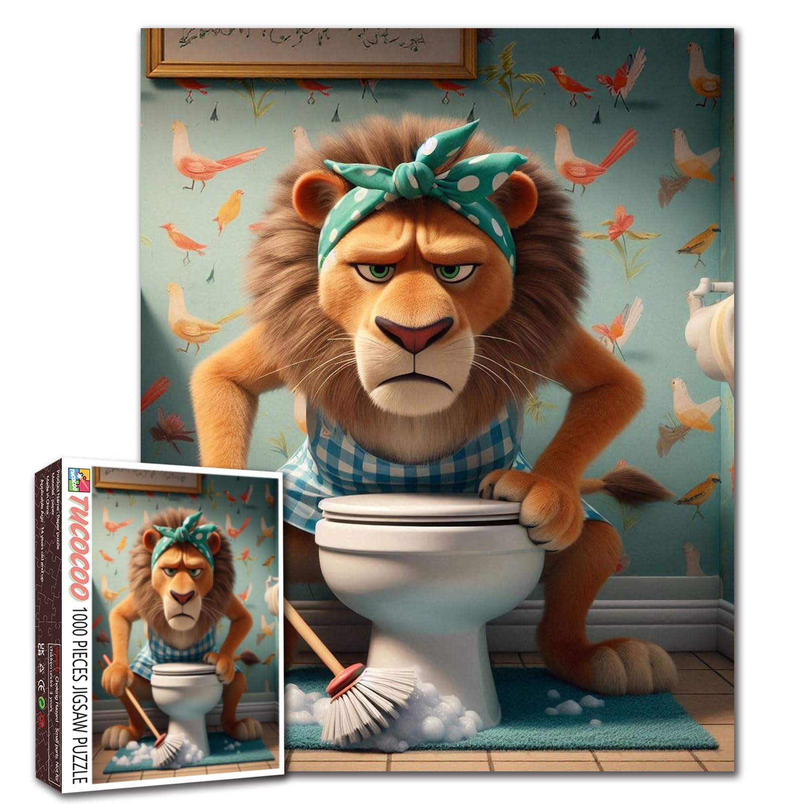 Humorous Lion Cleaning Puzzle 1000 Piece for Adults Wild Safari Animal Bathroom Toilet Puzzle Colorful Cartoon Art Puzzles Relaxing Activity Family Game Home Wall Decor Gift 19.7 x 27.6 Inches — image 1