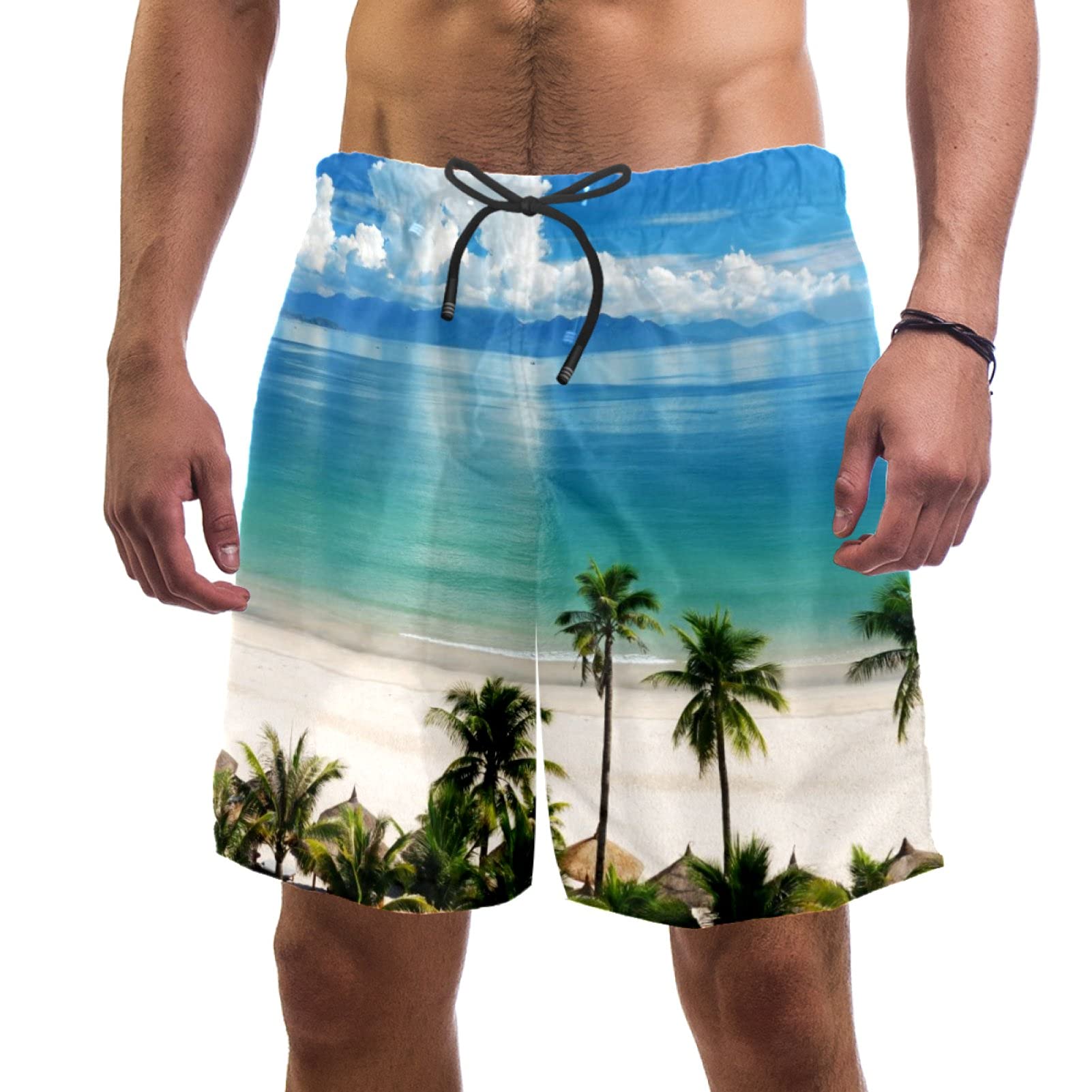 Eslifey Beach Scene Swim Trunks Elastic Swimsuit Board Shorts for Men