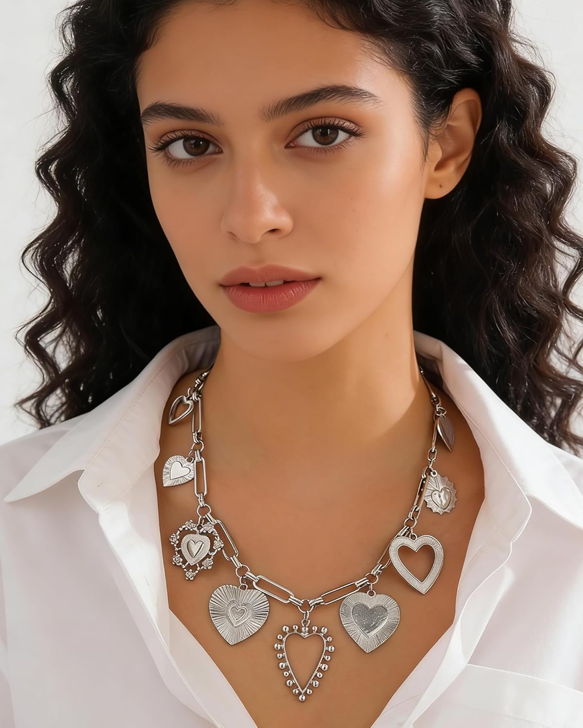 Silver Heart Necklace for Women Chunky Silver Heart Charm Necklace Vintage Statement Love Choker Necklaces Prom Party Vacation Valentine's Day Jewelry Gifts for Her - Image 3