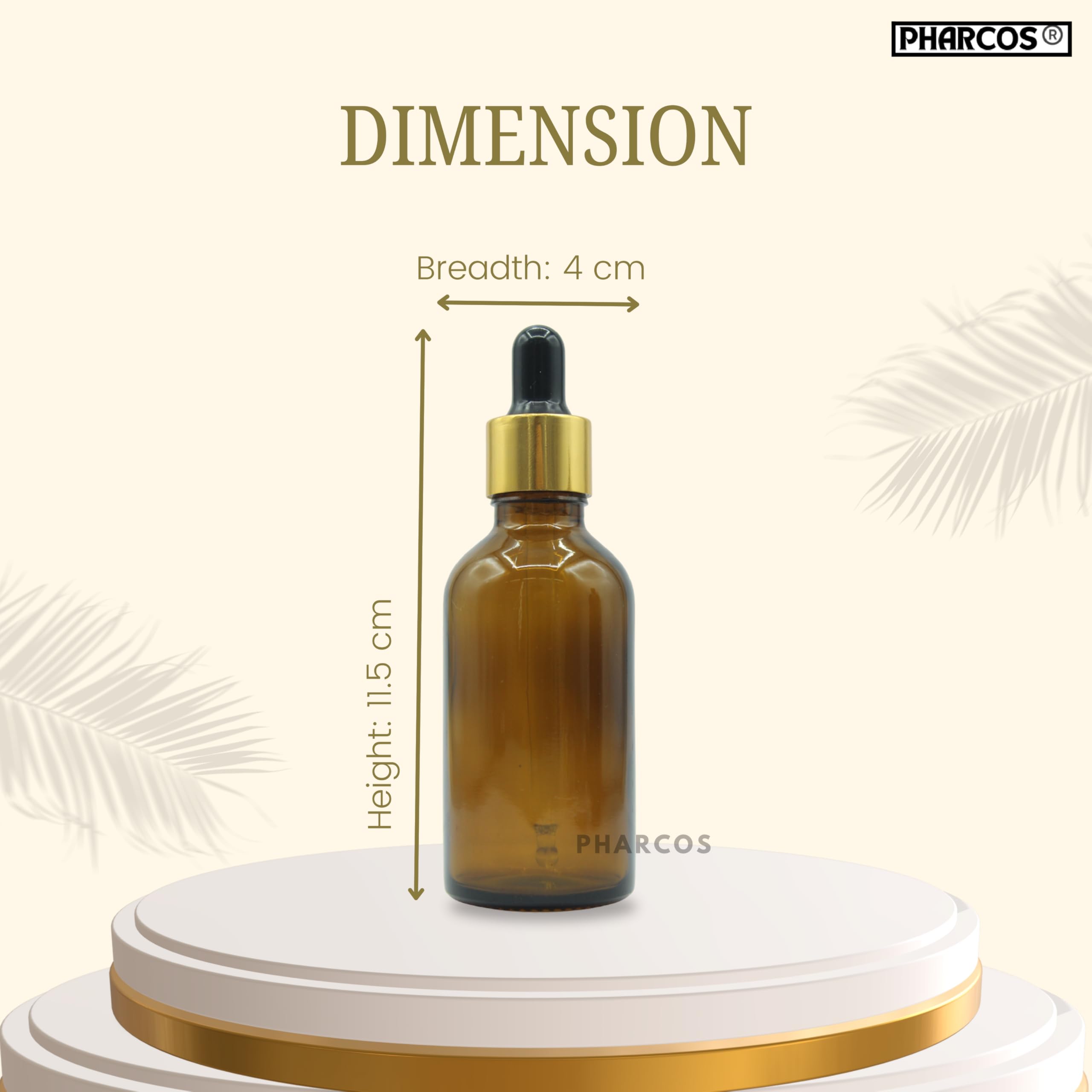 PHARCOS 50ml Amber Round Empty Glass Bottle with Golden Plating Ring, Black Silicone Teat for Essential Oils Blends, DIY Skin Care, Serum Bottles, Cosmetic Use Essential Oil bottles (Amber- 1pc- 50ml) 1