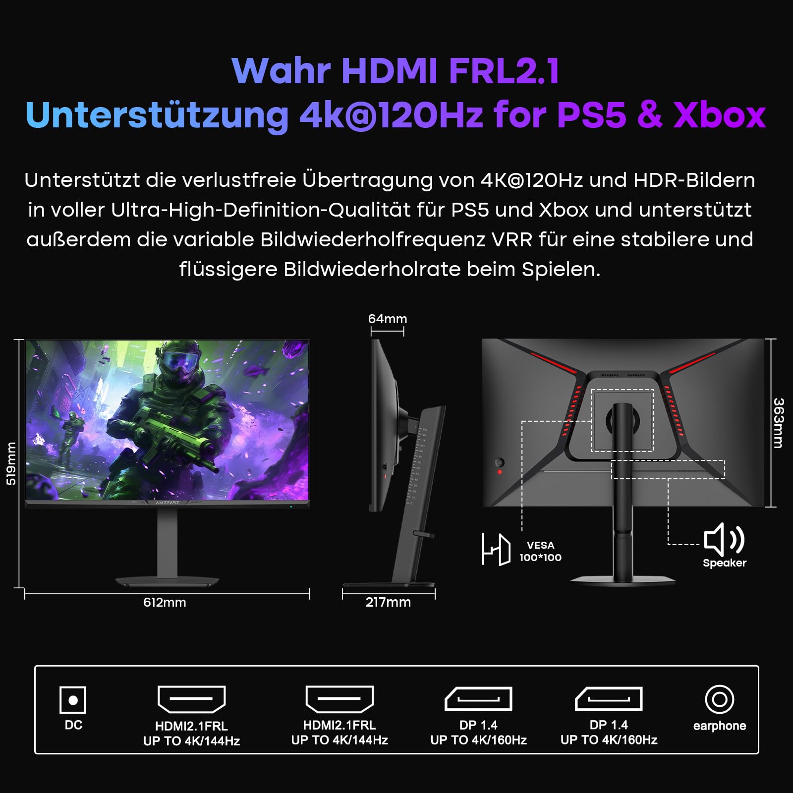 Amzfast Gaming Monitor 27 Zoll 4K mit Dual-Mode, UHD 160Hz/FHD 320Hz, Fast IPS Monitor, 1ms MPRT, Höhenverstellbar, HDR 400, sRGB 126%, HDMI 2.1, DP 1.4, PBP/Pip, Adaptive Sync - AMZG27F6U