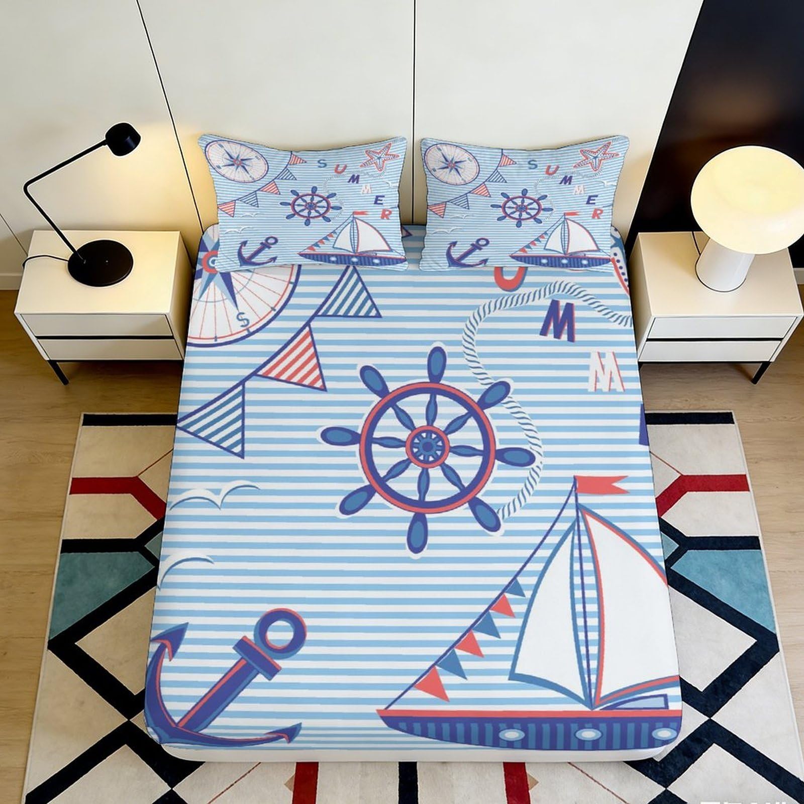 3D Printed Nautical Fitted Sheet Microfiber Soft Breathable Marine Pattern Bed Cover with Anchor and Sailboat Mattress Cover for Bedroom Dormitory Guest Room 180x200x25cm