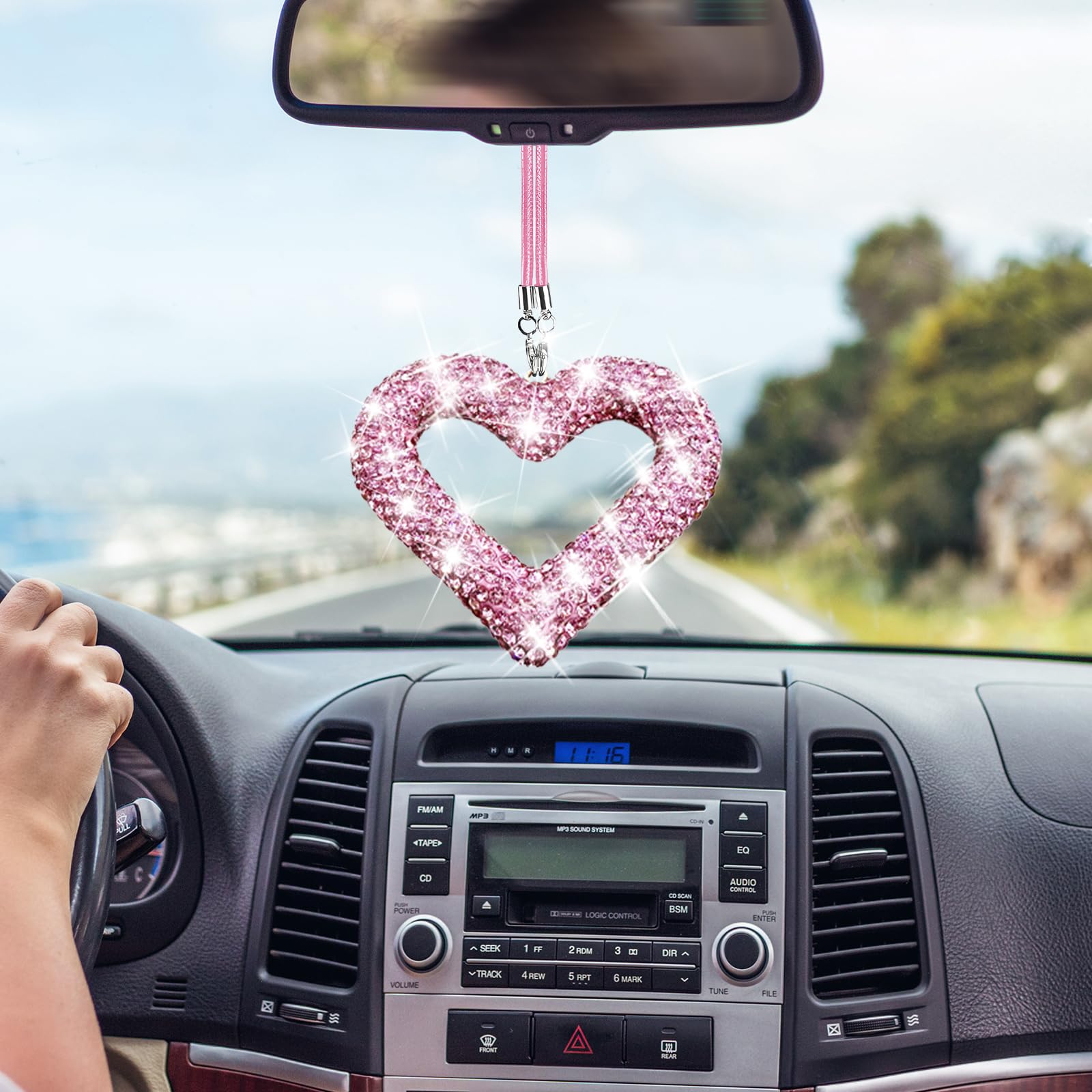 Vvag Women's Pink Bling Heart Car Hanging Accessories, Crystal Rhinestone Vehicle Rear View Mirror Charm Pendant Ornaments,Universal Bling Heart Diamond Car Accessories For Fit Most Cars,Trucks,Suvs (Pink)