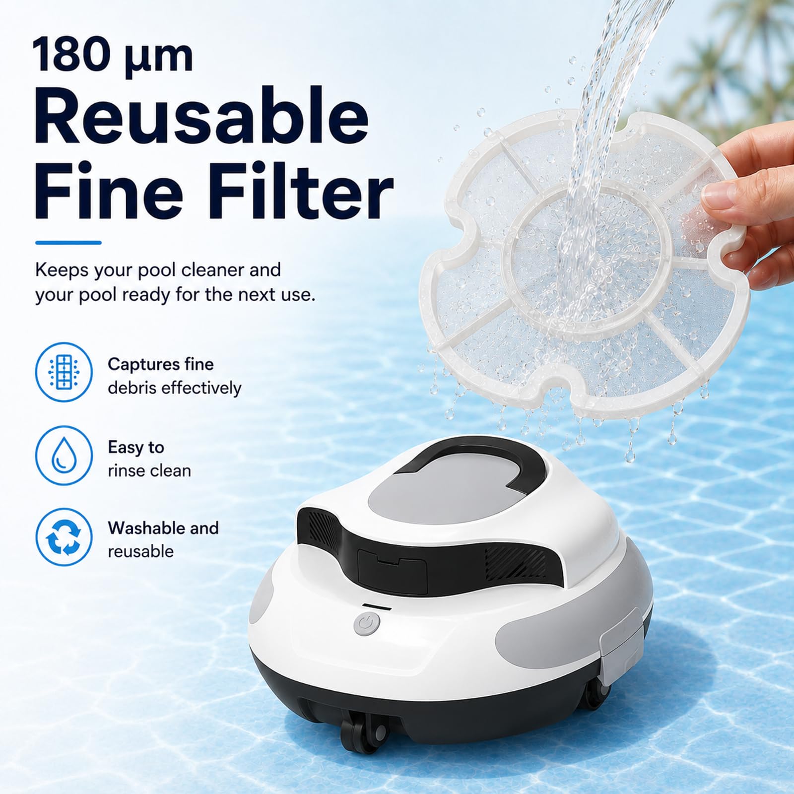 Robot Aspirador Para Piscinas Elevadas – Batería 5000mAh, Autonomía 100min | Limpiafondos Automático Sin Cable, Filtro 180μm Reutilizable, Succión 42L/min, Mango Flotante