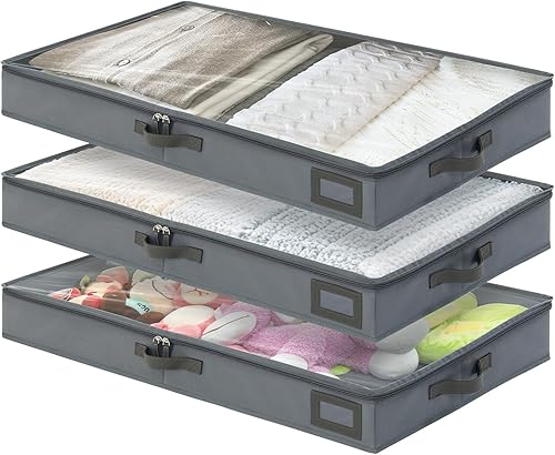 Contenedores de almacenamiento debajo de la cama de 4 pulgadas (paquete de 3)  Paredes laterales resistentes  Funda transparente y soporte para