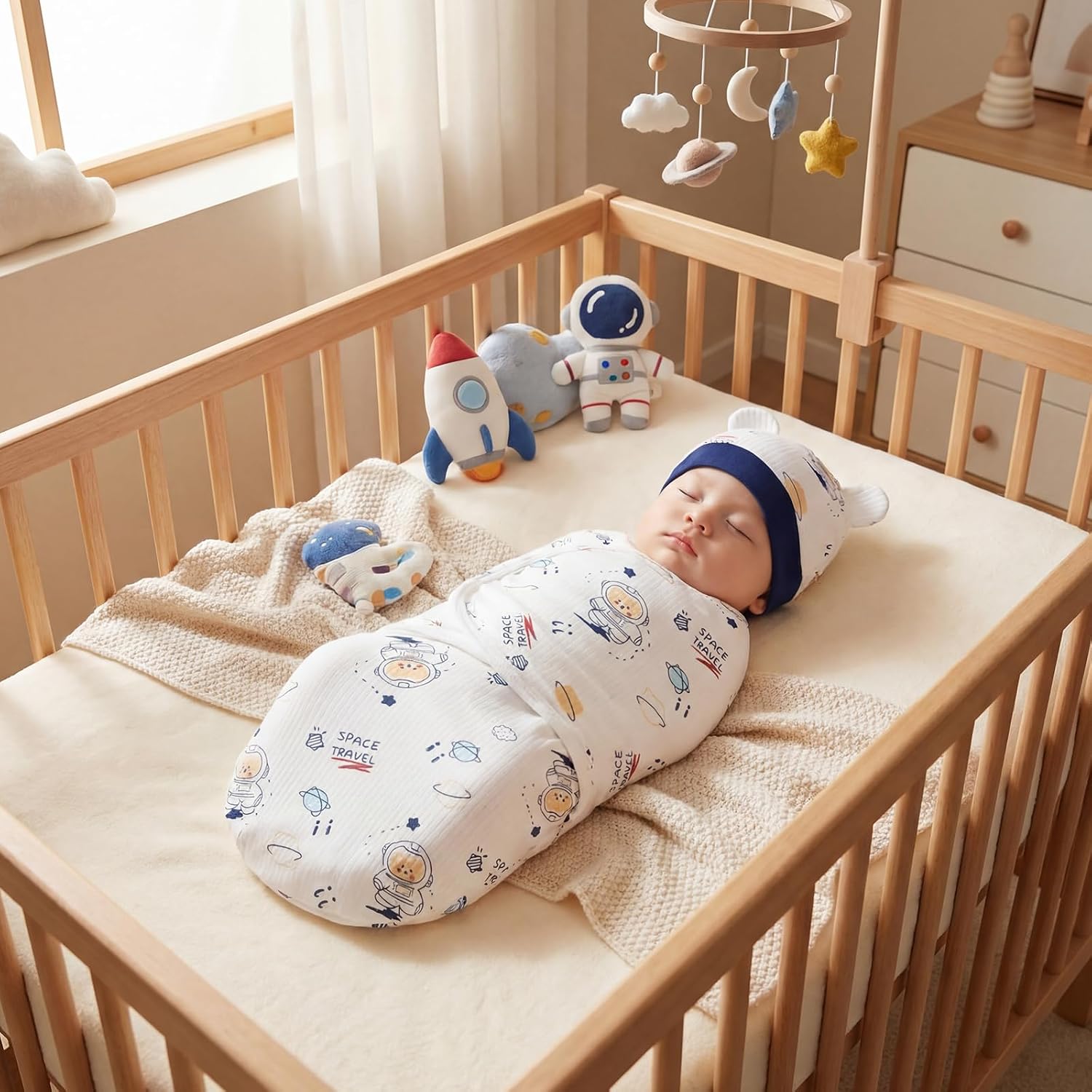 Ramede 6 Pack Swaddle Blanket with Hats for Baby Girl Boy 100% Cotton Swaddles 0-3 Months, Adjustable Breathable Skin Friendly Receiving Blanket Wrap, Essential for Newborns(Rocket,Colorful)