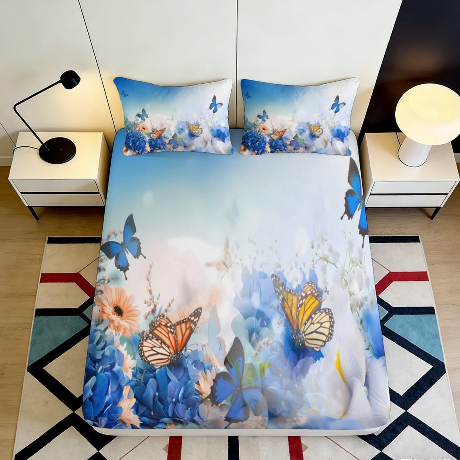 Uynsixtme Style-3 3D Printed Butterfly Floral Fitted Sheet Microfiber Deep Pocket Non-Slip Butterfly Floral Mattress Fitted Cover Home Bedding 90X200x25cm