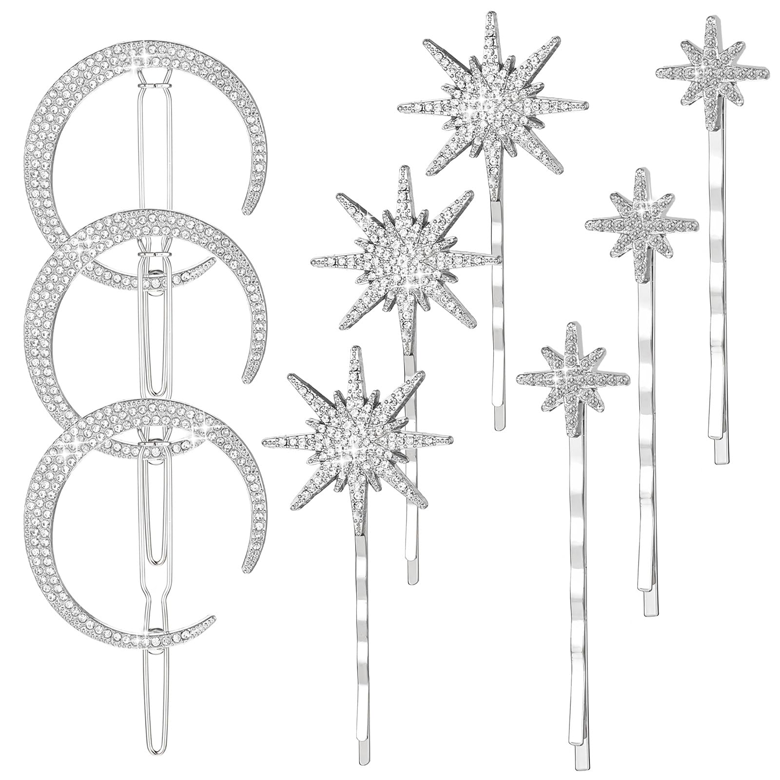 12Pcs Moon Star Hair Clips, Crystal Celestial Hair Accessories Silver