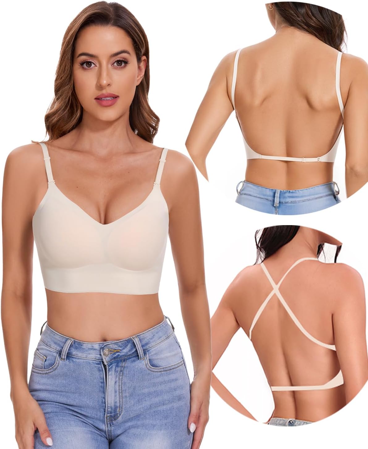 Low Back Bra - Open Back Backless Bra, Padded Bralette for Women Seamless Multiway Criss Cross Halter Bras