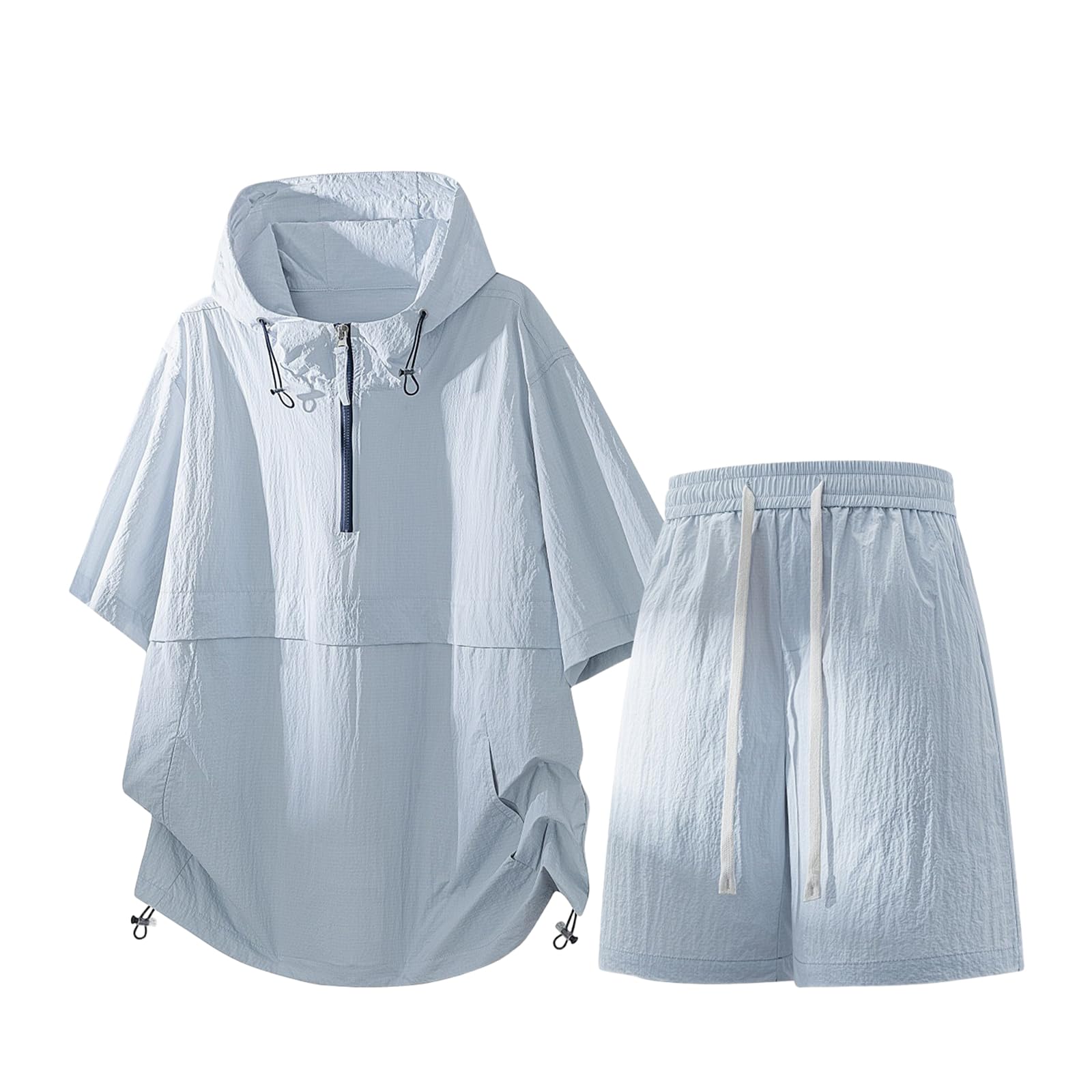 Men's Half Zip Hooded Sport Set Ice Silk Quick Dry T-shirt Shorts 2 Piece Summer-Black-XL