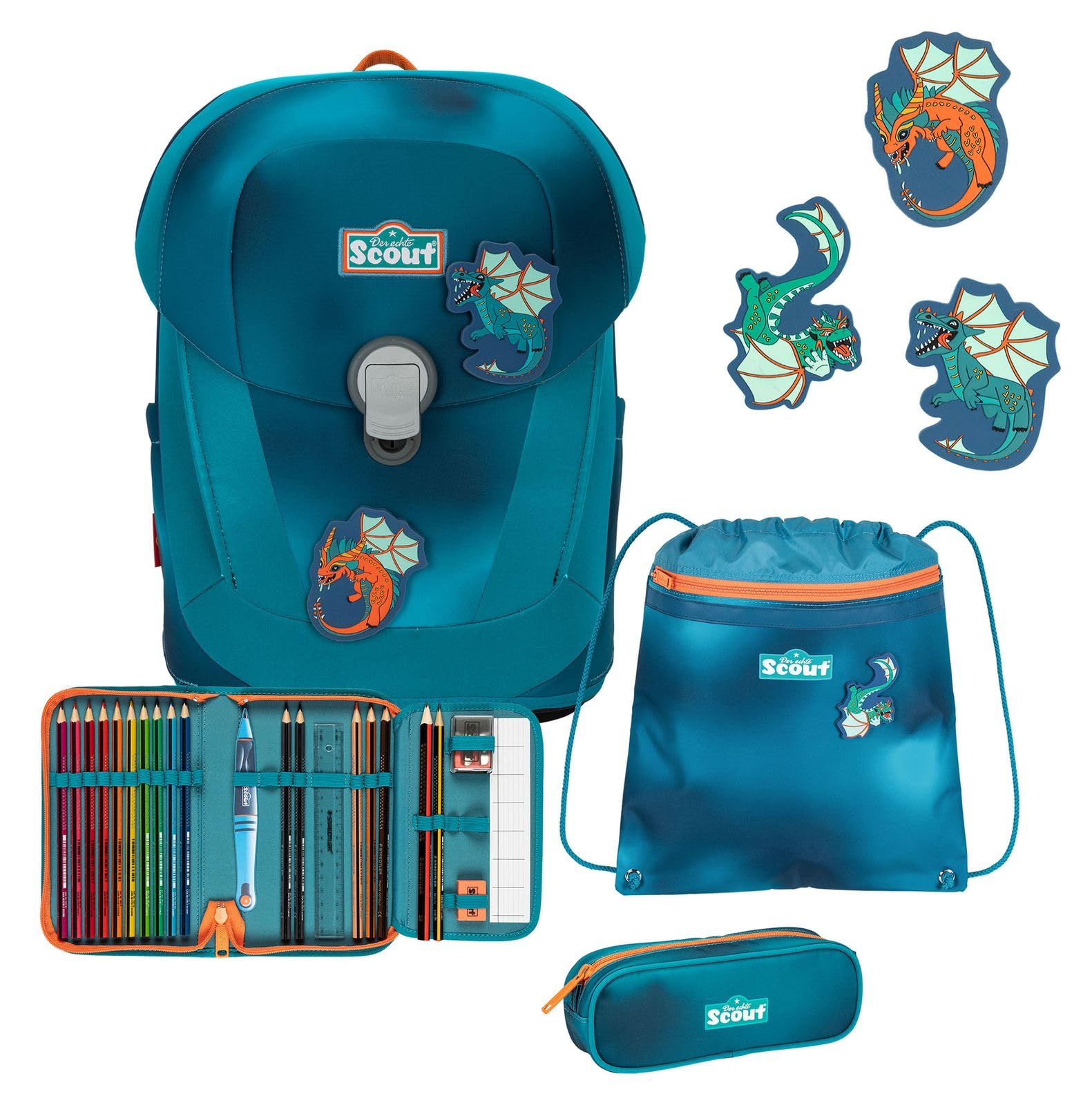 SCOUT Schulranzen Superflash Sunny II Set 4-teilig Seadragon blau