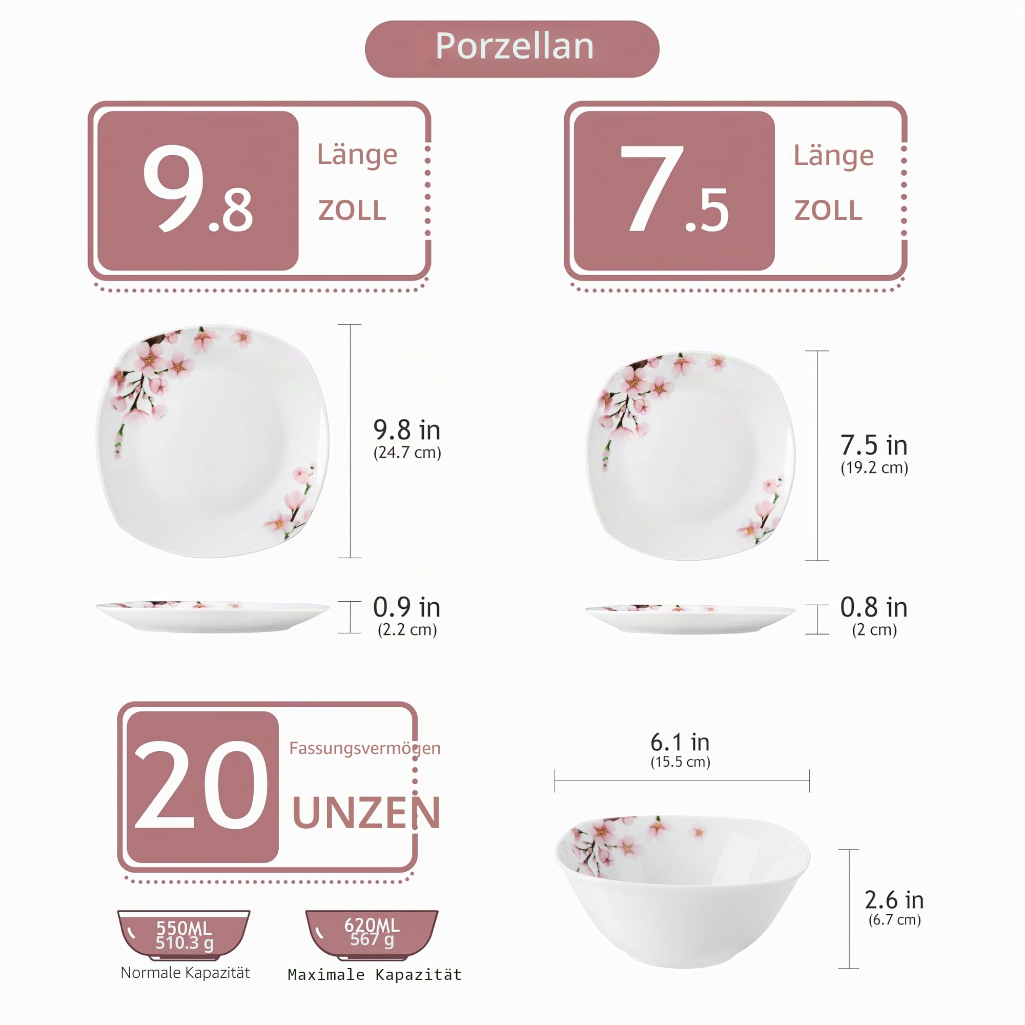 VEWEET Serie ANNIE 12-teiliges Porzellan Geschirrset für 4-12 Personen, Weiß mit rosa Blumenmuster, Tafelservice mit 4 Speiseteller, 4 Dessertteller und 4 Müslischalen (Schüssel- und Teller Set)