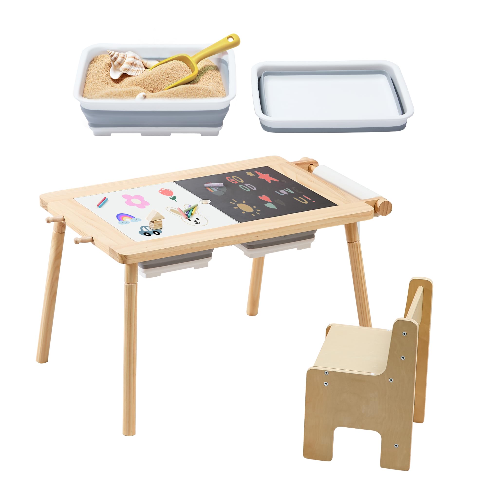 DOREROOM Sensory Table for Toddlers, Multi-Activity Table and chair set with Double-Side Graffiti Desktop, Kids Tables with 2 Storage Bins & Roller holder, Sand & Water Tables with Building Block Base