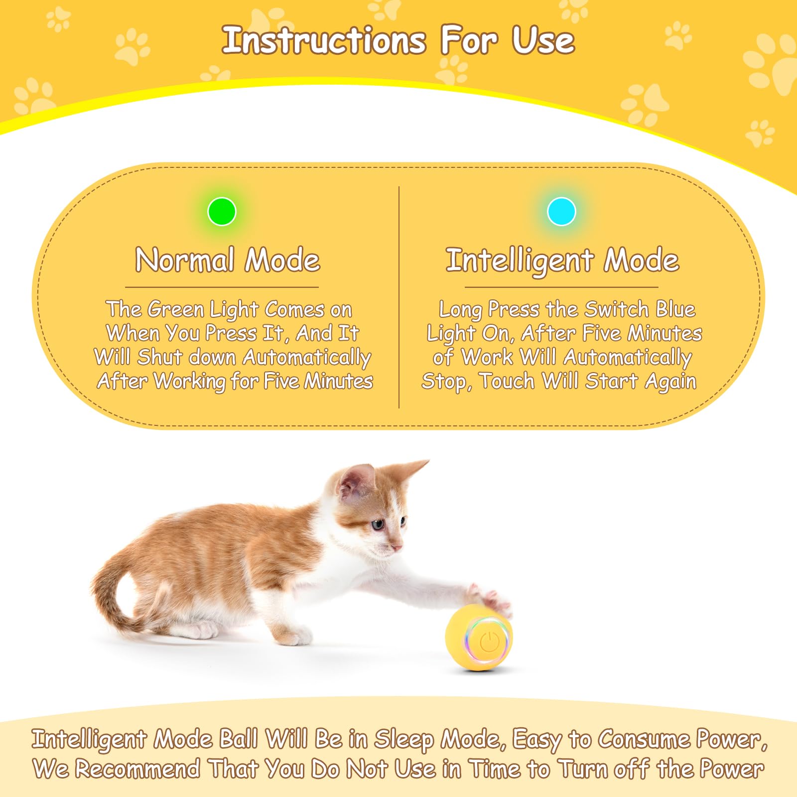 KEWUZY Interactive Cat Toy Ball, USB Charging, 360 Automatic Rotation, Two Modes with LED Light, Yellow, Cat Toy, Ball, Large Breeds 1