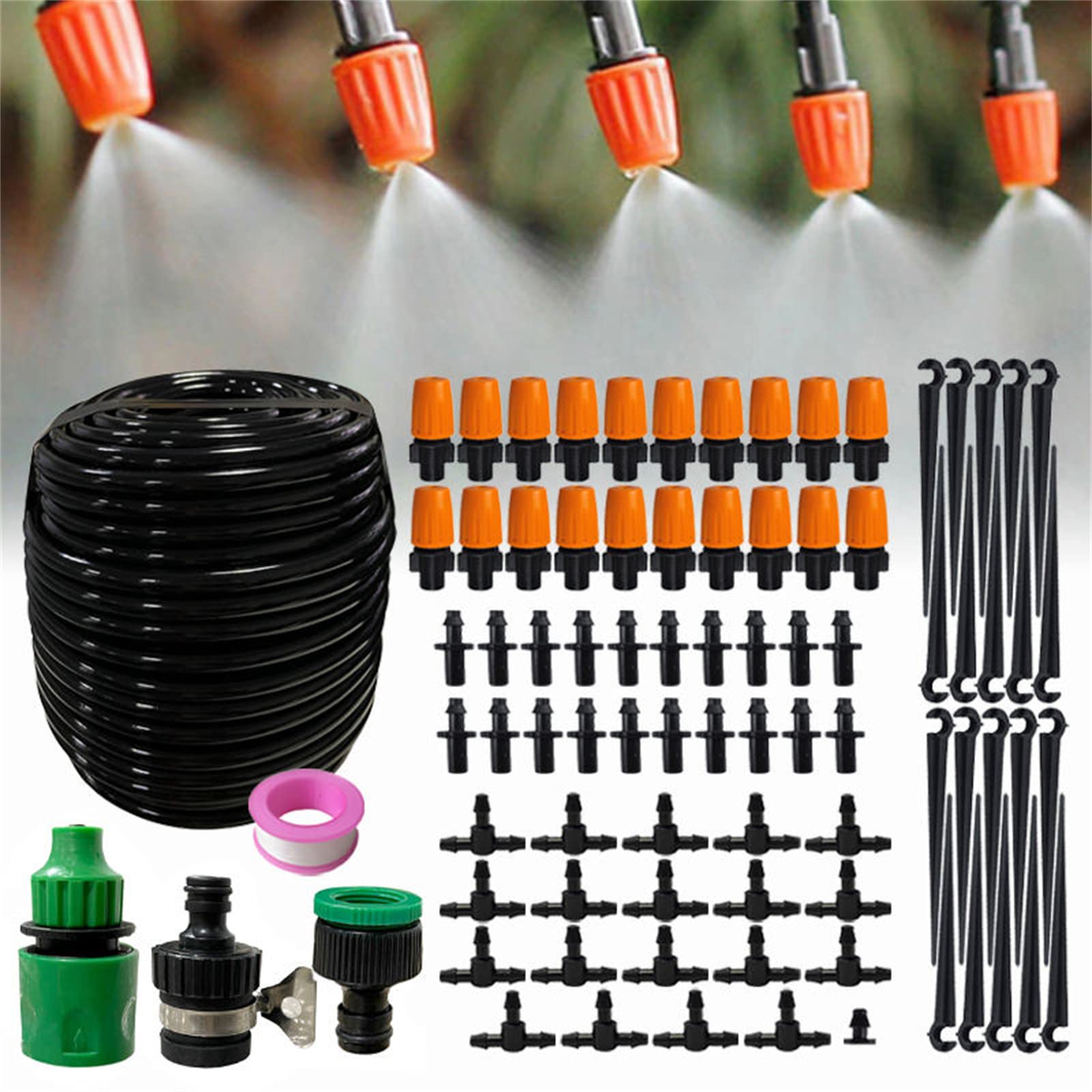 Kit de sistema de riego por goteo, Kit de riego por microgoteo 50 pies y 20 piezas, boquilla tubo distribución en blanco 1/4 ", gotero rociador