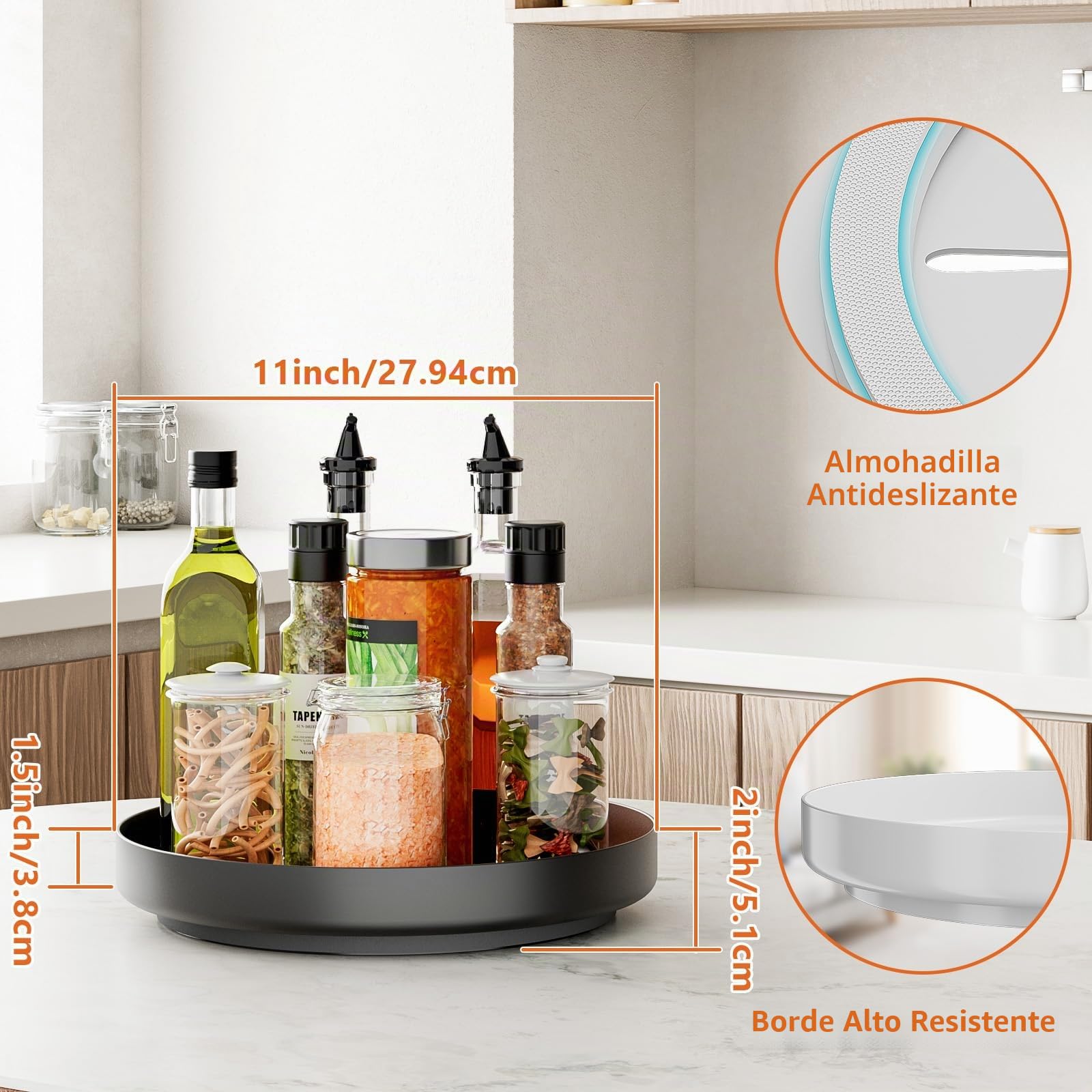 Organizador giratorio para especias, Lazy Susan – Bandeja giratoria de metal 360°, organizador de 28 cm para despensa de cocina, mueble de baño, frigorífico, mesa, negro