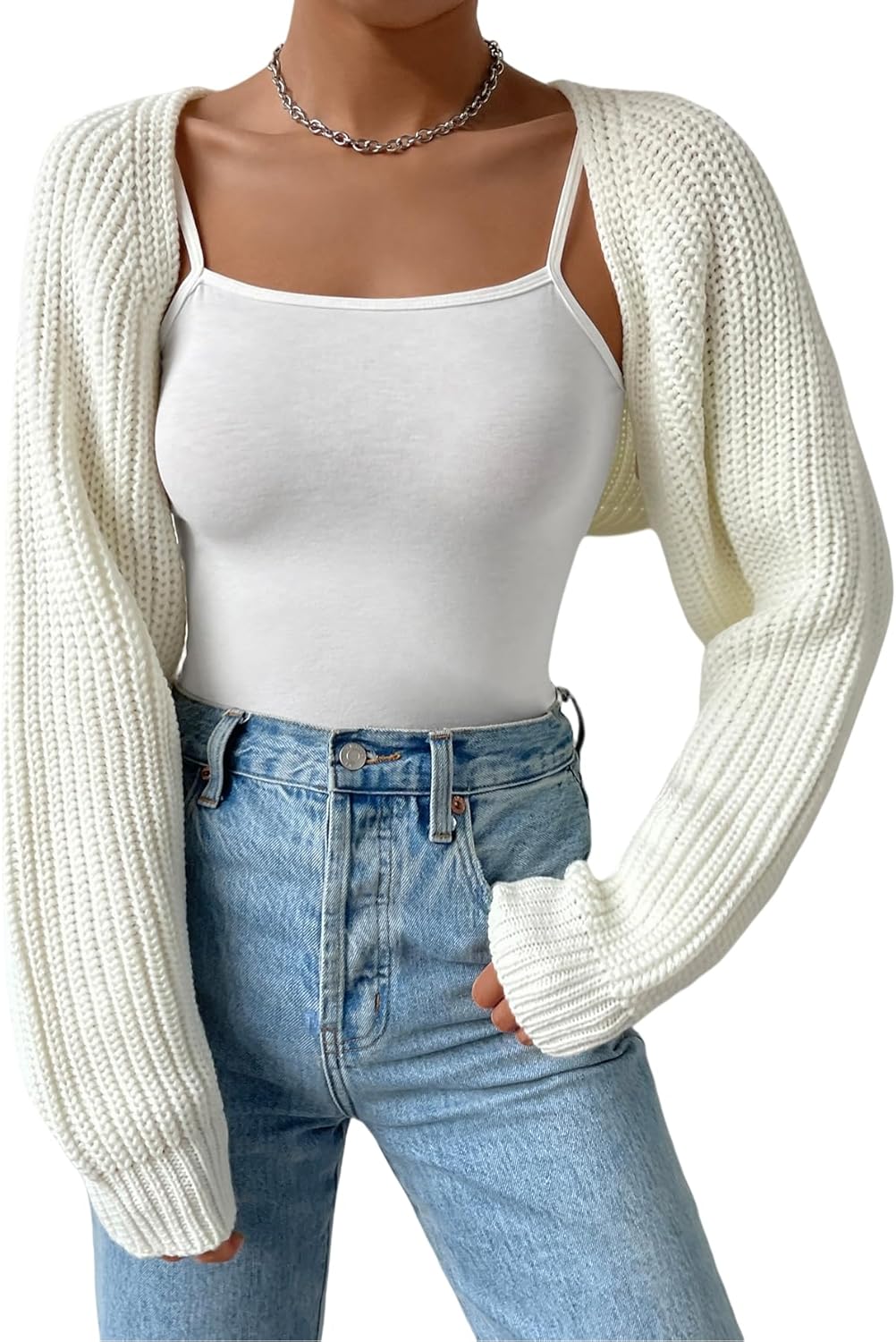QJQ Women's Cropped Cardigan Sweaters Long Sleeve Bolero Shrug Open Front Casual Knit Top Y2k Fall Outfits 2025