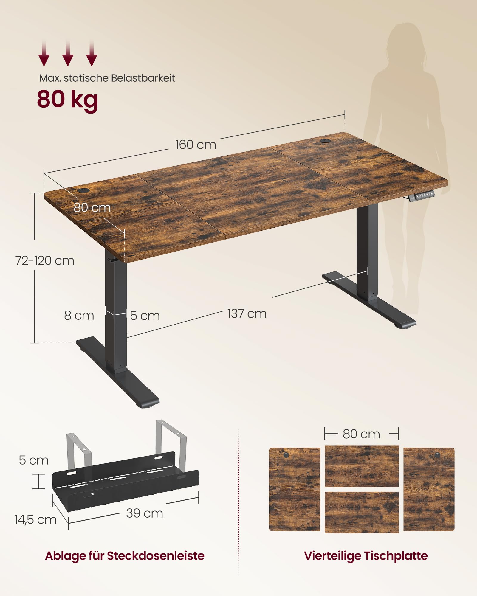 VASAGLE Höhenverstellbarer Schreibtisch, 160 x 80 cm, USB-C-Anschluss, Ablage für Steckdosenleiste, Stehtisch, Erinnerung bei langem Sitzen, 3 Speichertasten, für Büro, vintagebraun LSD146KD02