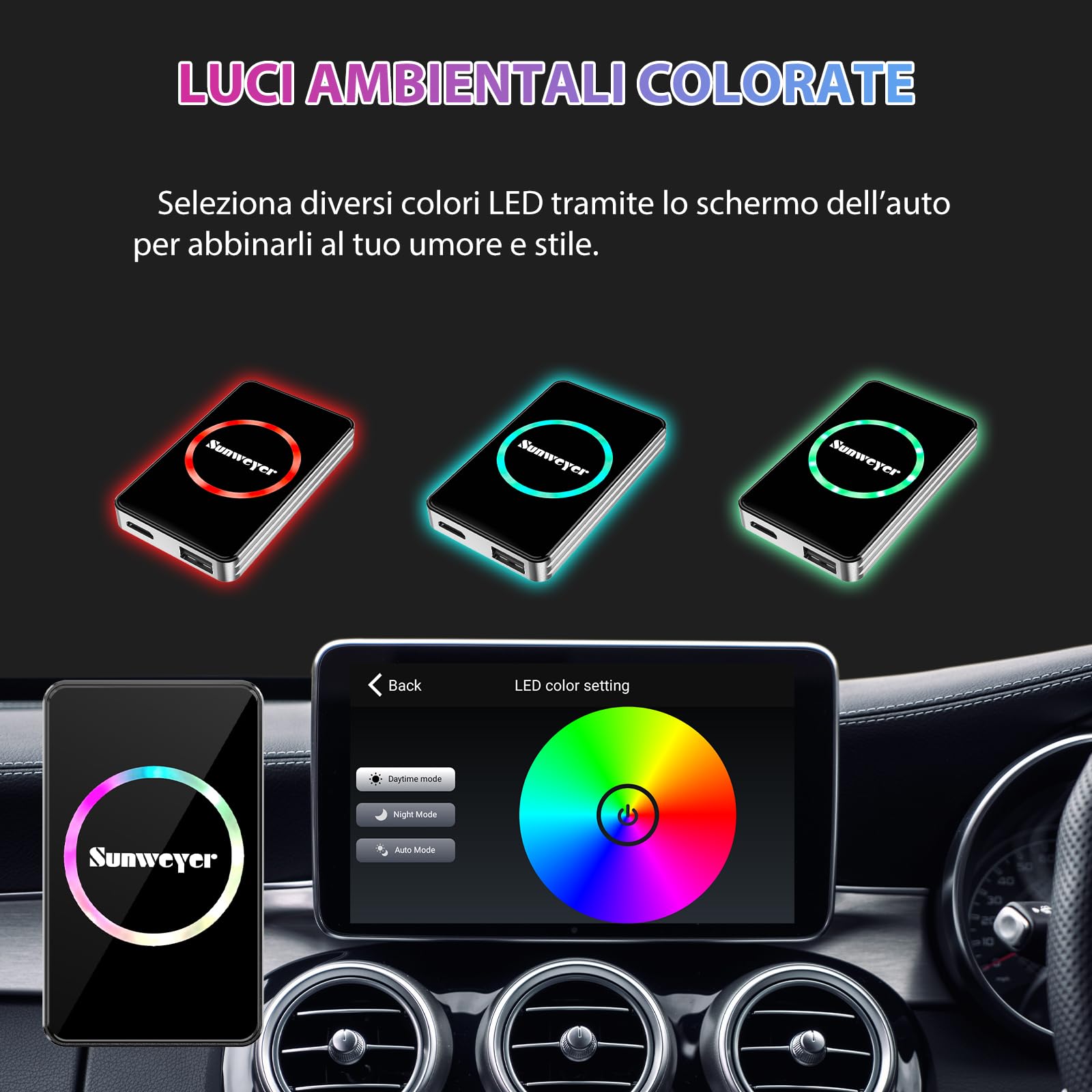 Sunweyer Adattatore Wireless CarPlay per Auto, Dispositivo di Streaming Ai Box, Supporto Netflix, YouTube, Hulu, Disney+, Adattatore Wireless Android Auto con LED, Doppio WiFi (SW12 Pro)