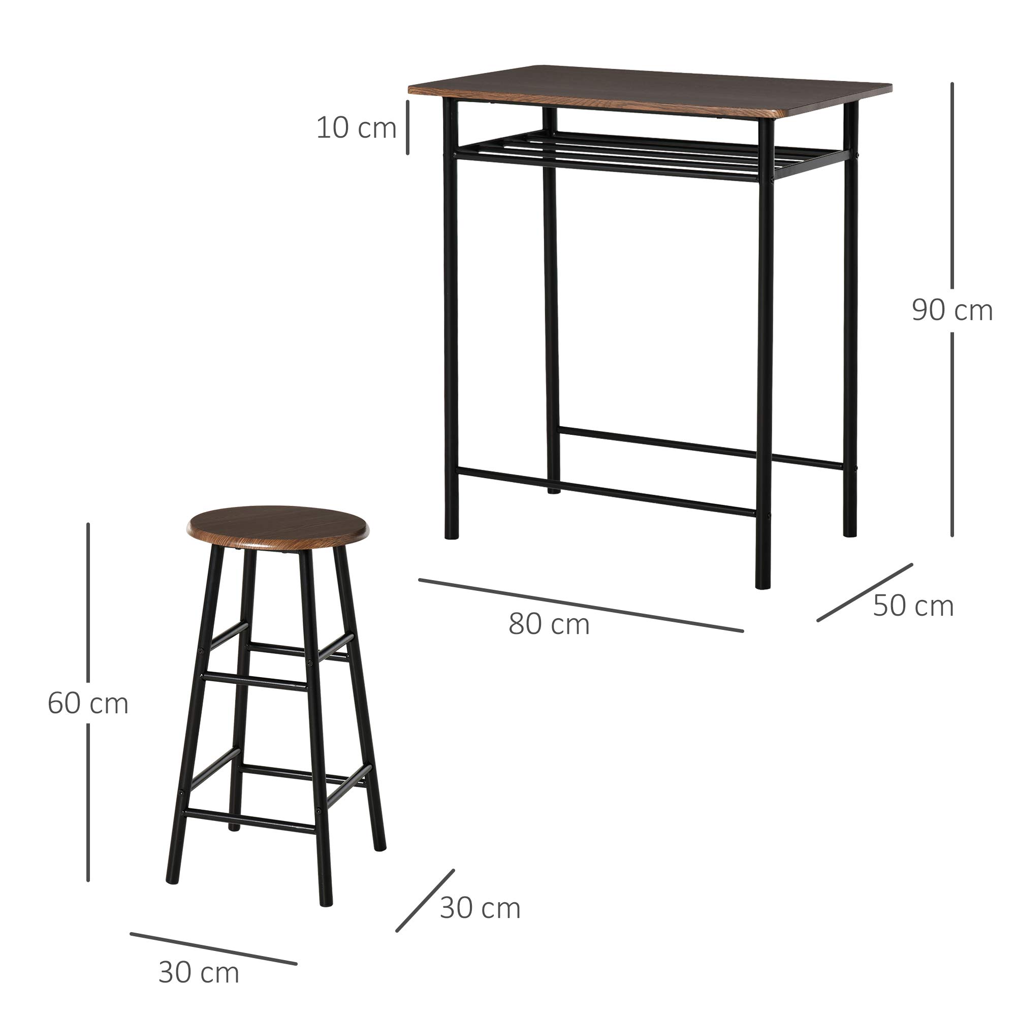 HOMCOM Bartisch Set Bartisch mit 2 Barhockern Essgruppe Küchentisch mit Lagerregal Esstisch für Esszimmer, Küche, Schwarz