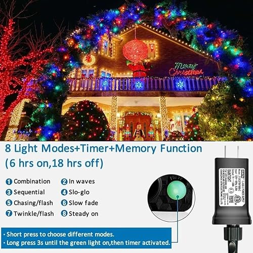 Miniatura 8 de YEGUO - Guirnalda de luces de Navidad, 500 LED, 165 pies, multicolor, cable verde, enchufable, luces parpadeantes para interiores y exteriores